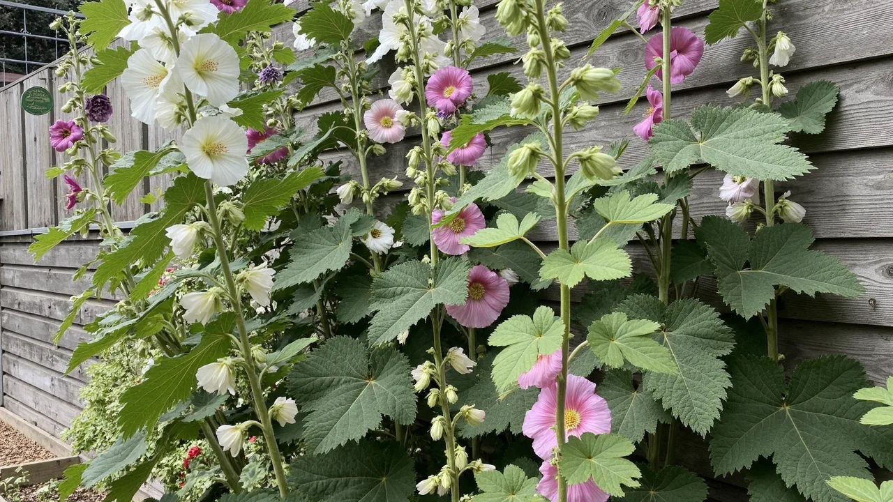 Tall hollyhock (Alcea rosea) in flower in a garden border
