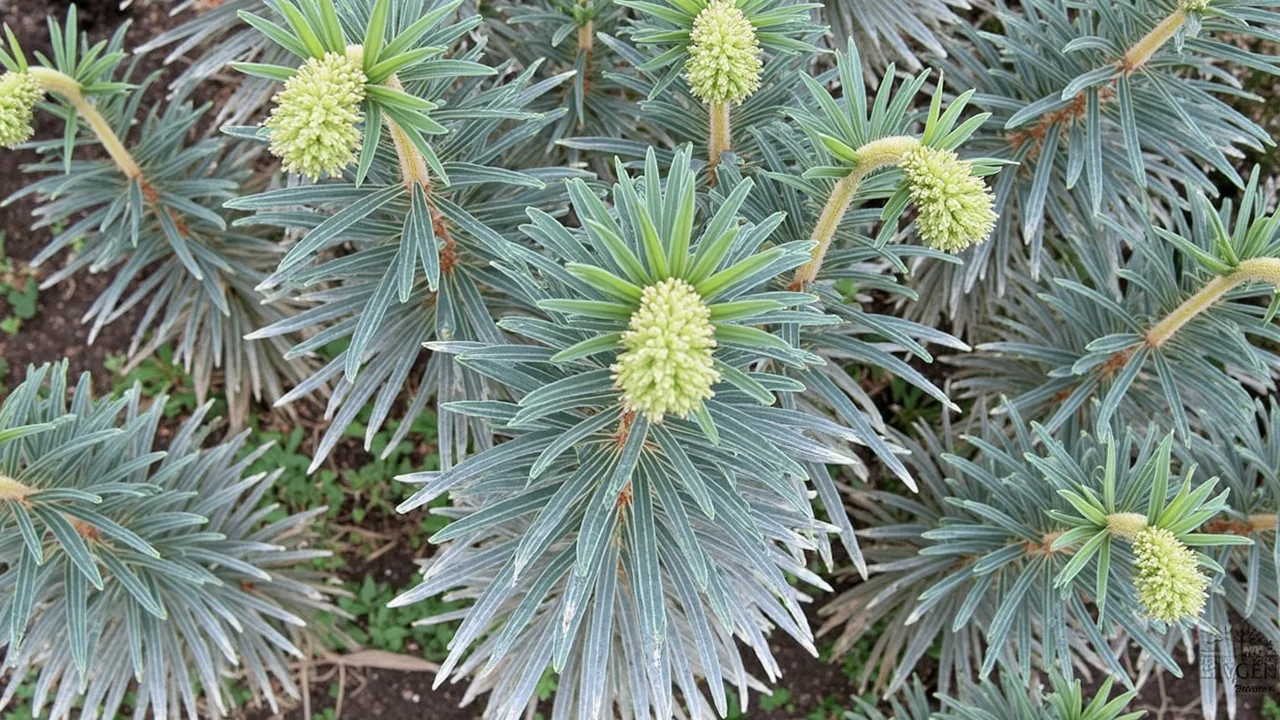 Euphorbia characias (Mediterranean spurge) showing whorled blue-green foliage topped with lime-green chartreuse domed flower heads