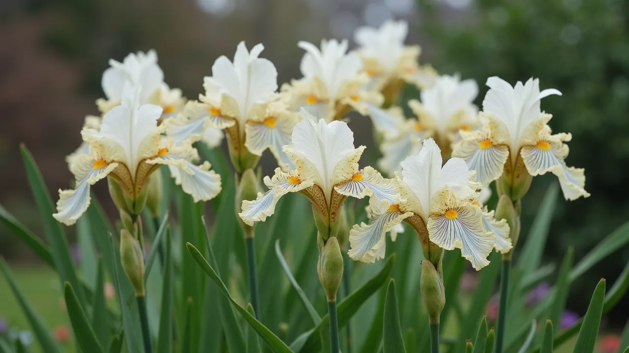 Bamboo iris (Iris confusa) — white flowers with yellow crests