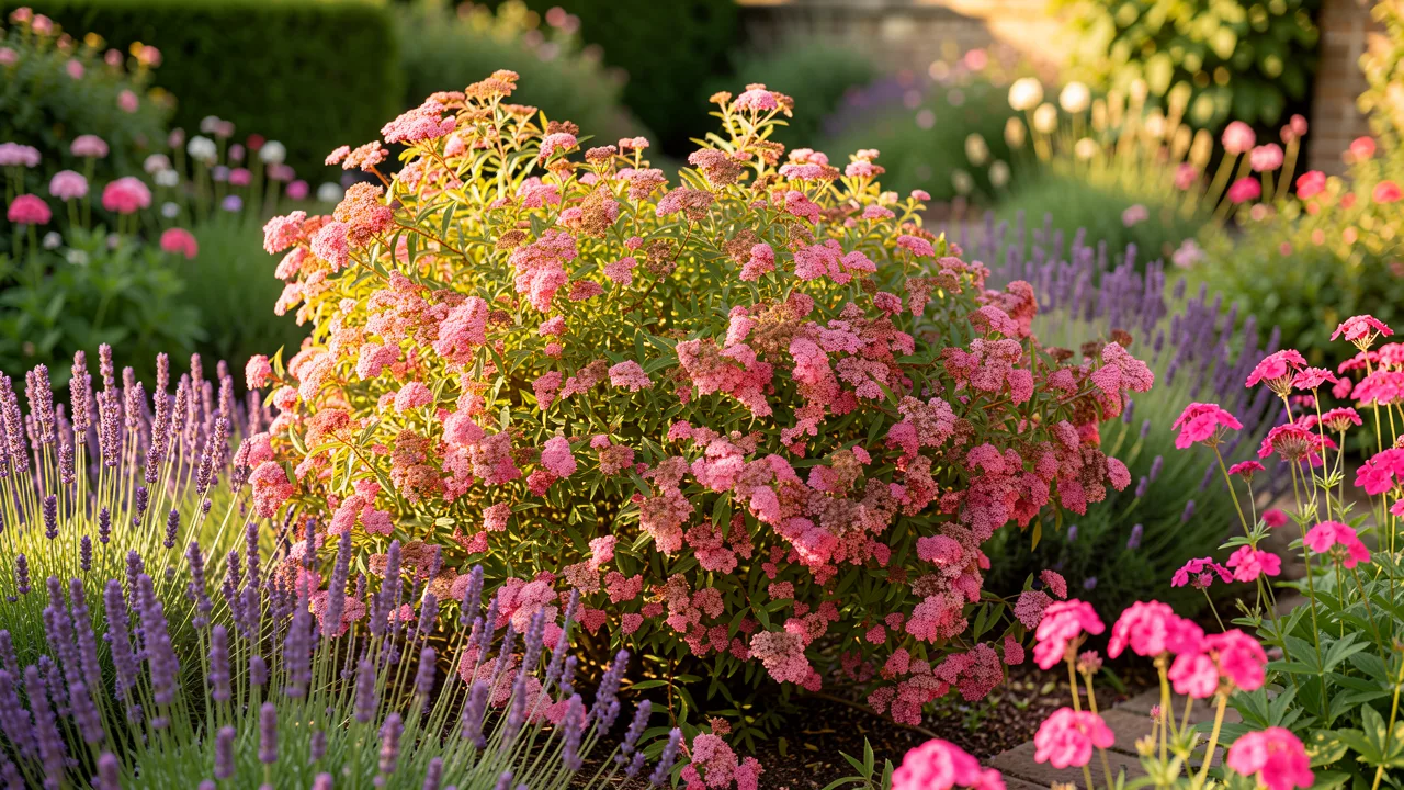 Japanese Spiraea (Spiraea japonica) in full flower in an English garden border