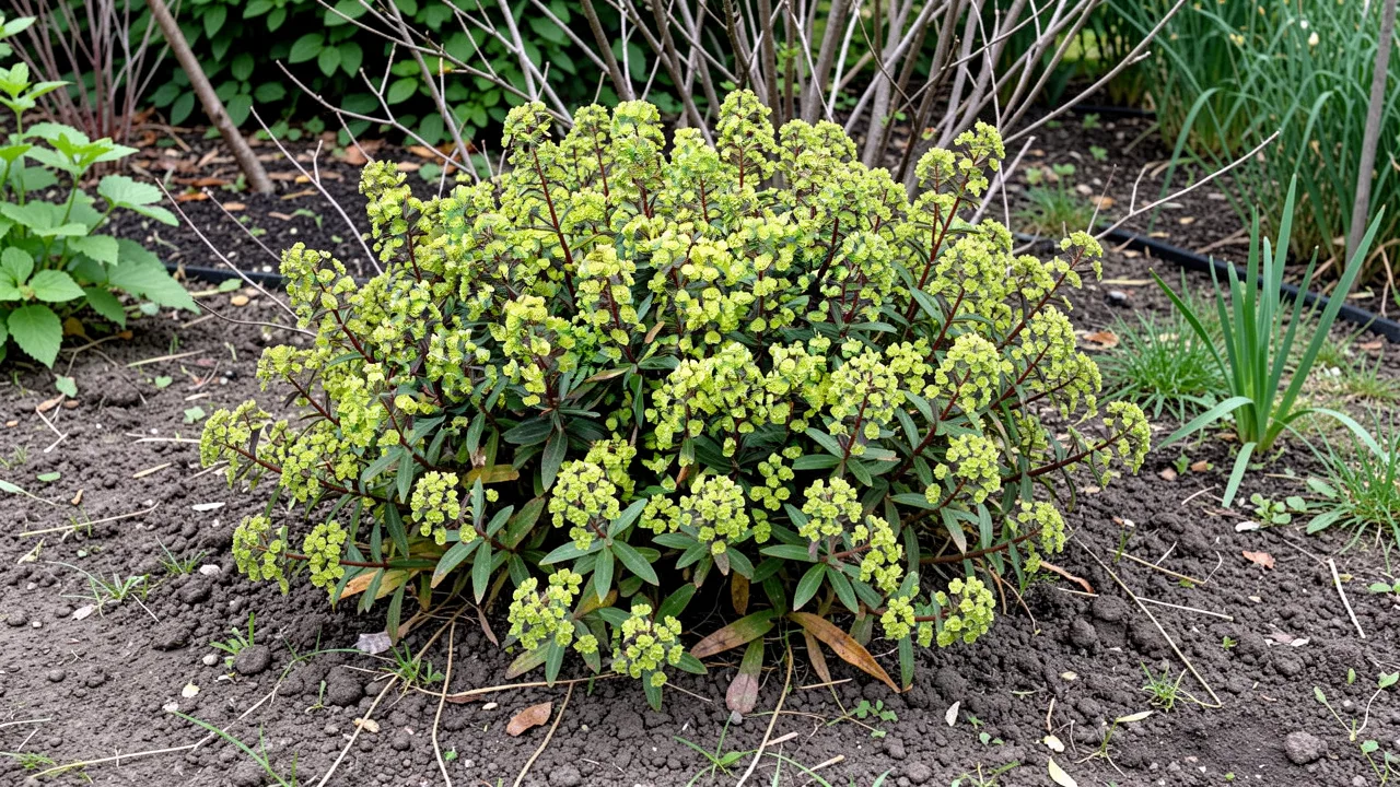 Euphorbia amygdaloides (wood spurge) in flower in a garden border