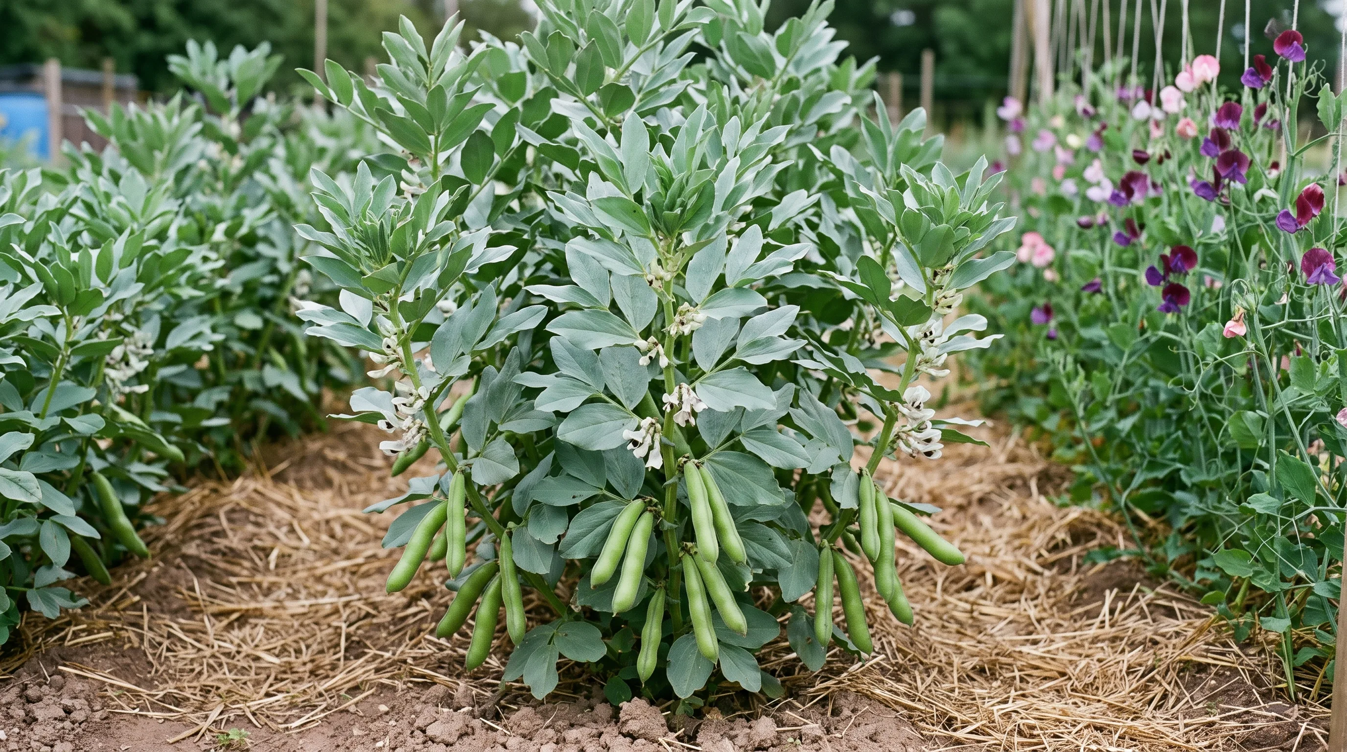 Mature Broad Bean (Vicia faba) plants with green pods in a UK allotment bed