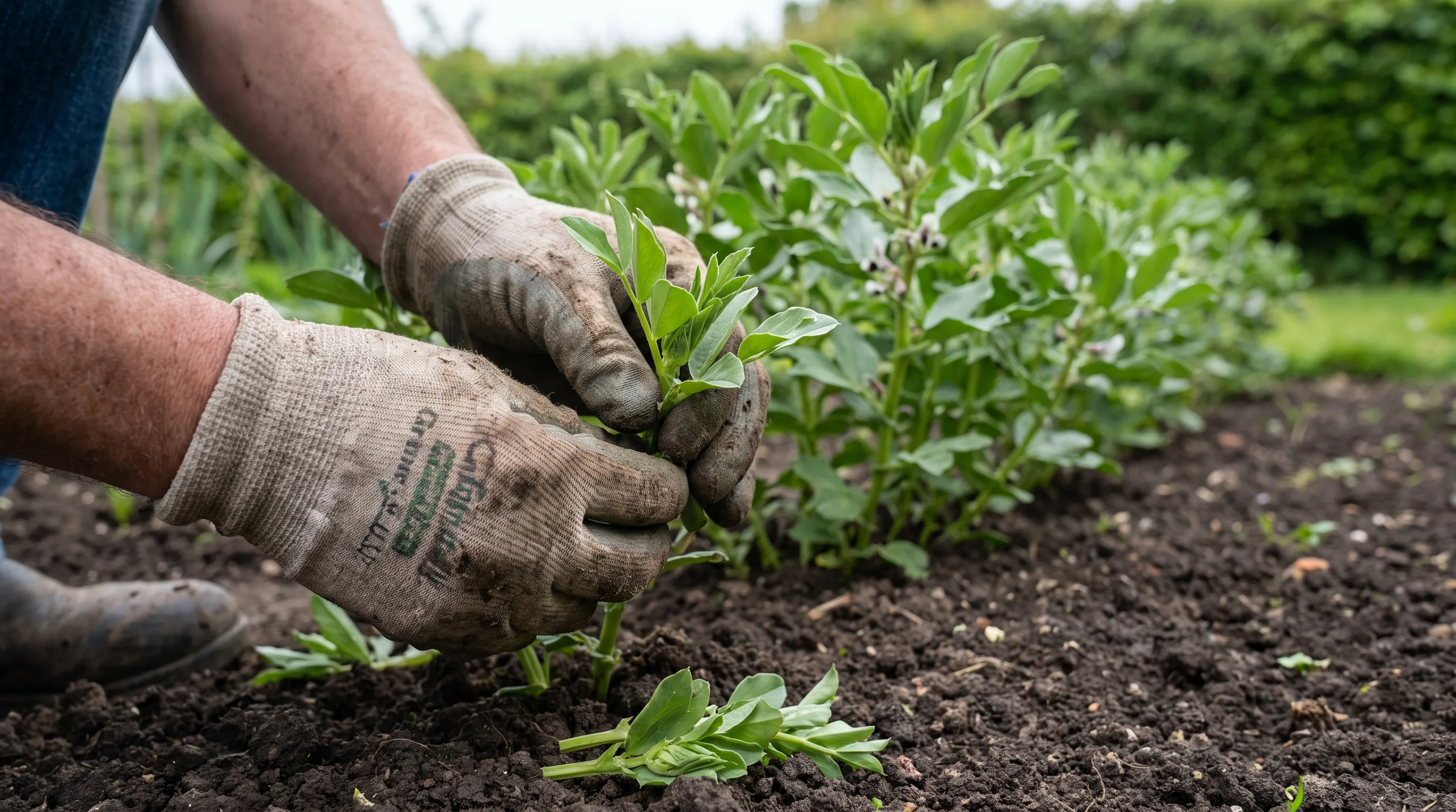 Pinching out the growing tips of broad bean plants to deter blackfly