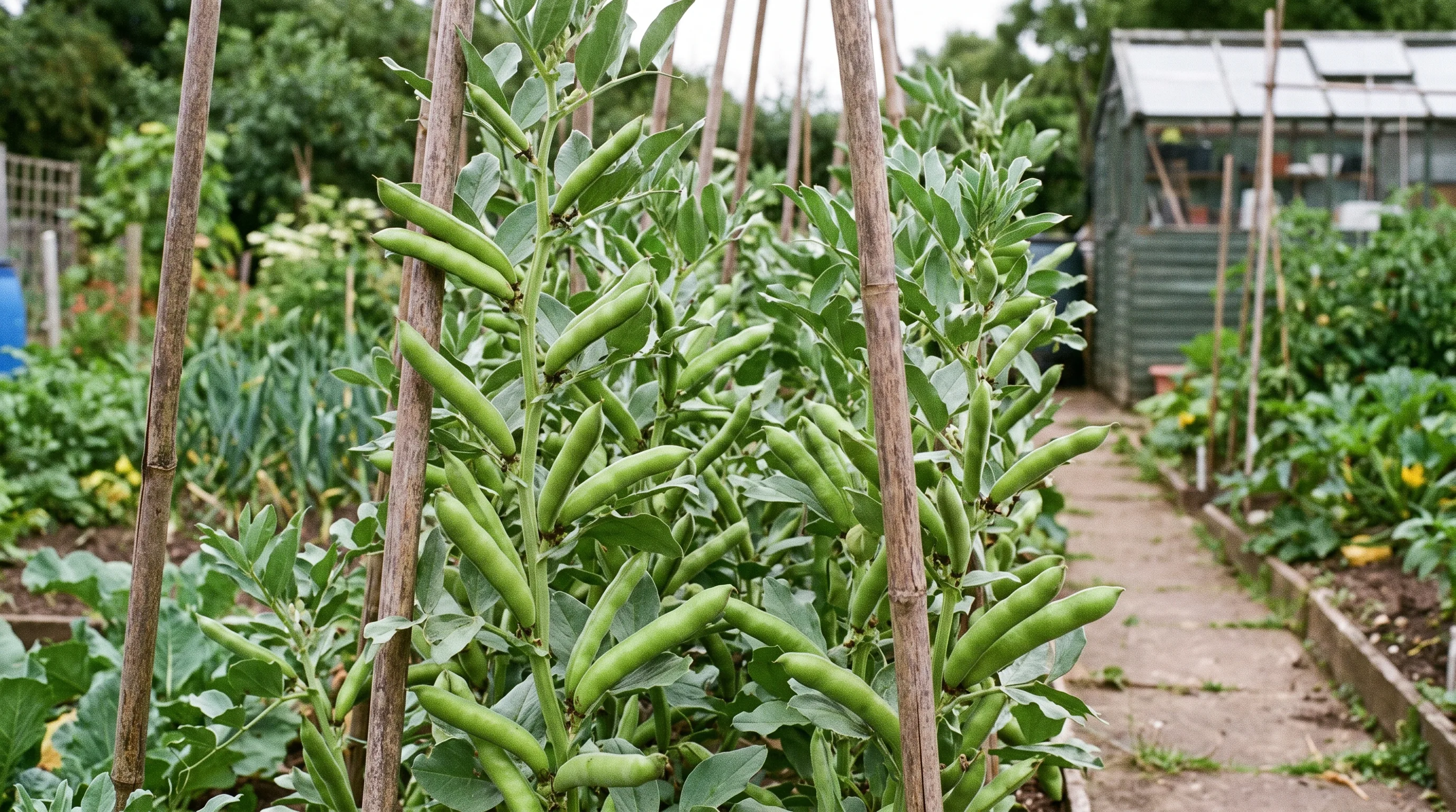 Broad bean plants with plump green pods ready for picking on a UK allotment