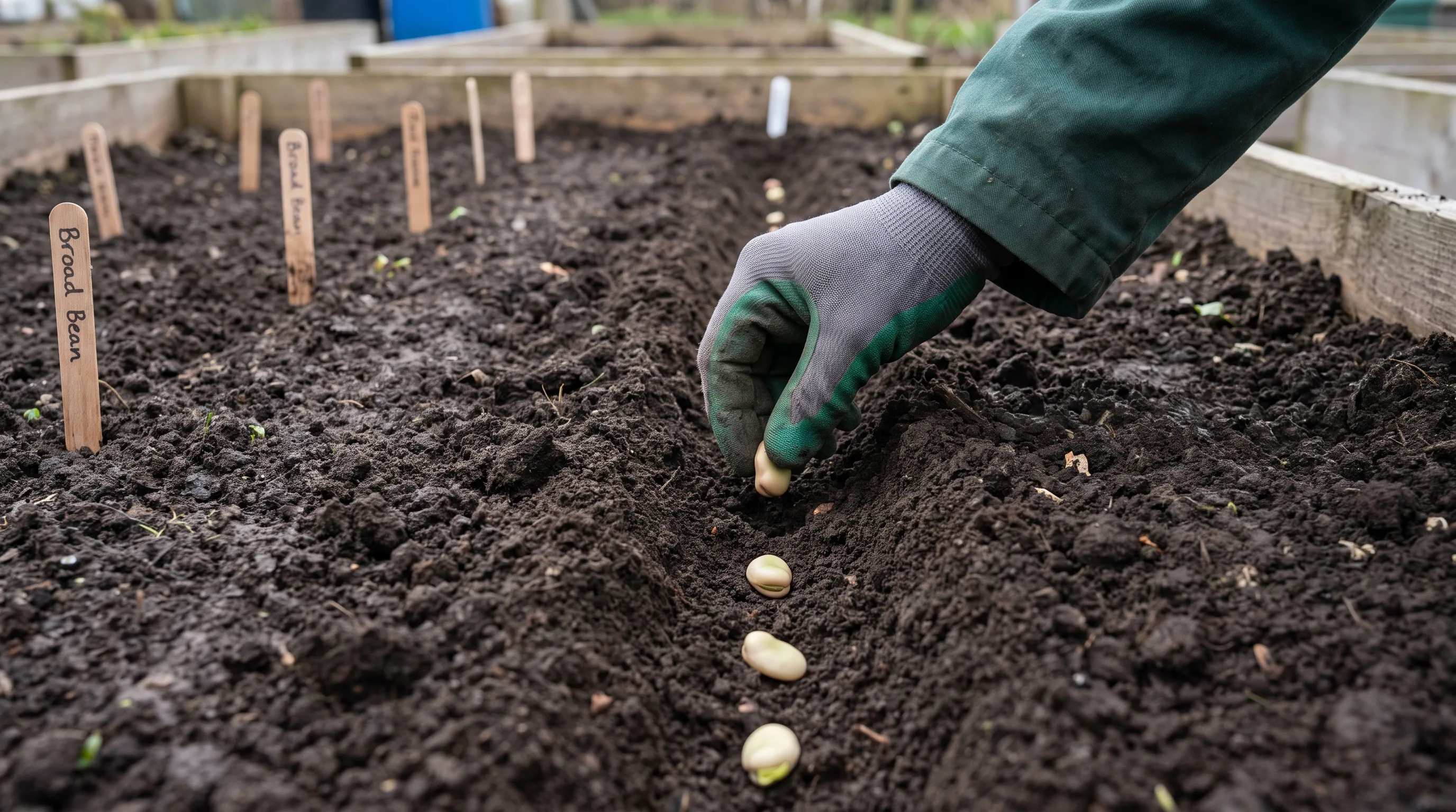 Broad bean seeds being sown in a drill in early spring