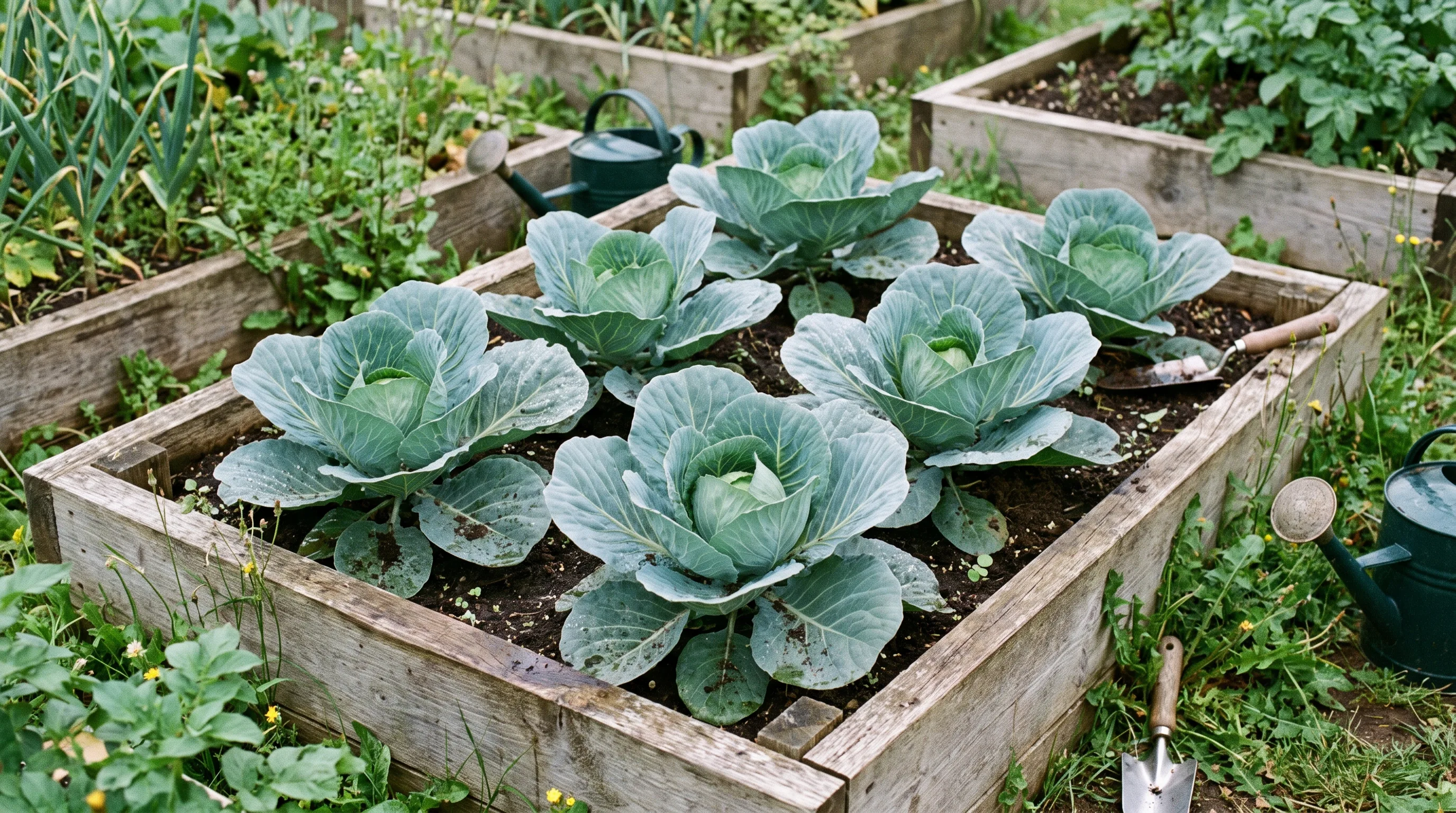 Young cabbage plants forming tight hearts in a UK bed