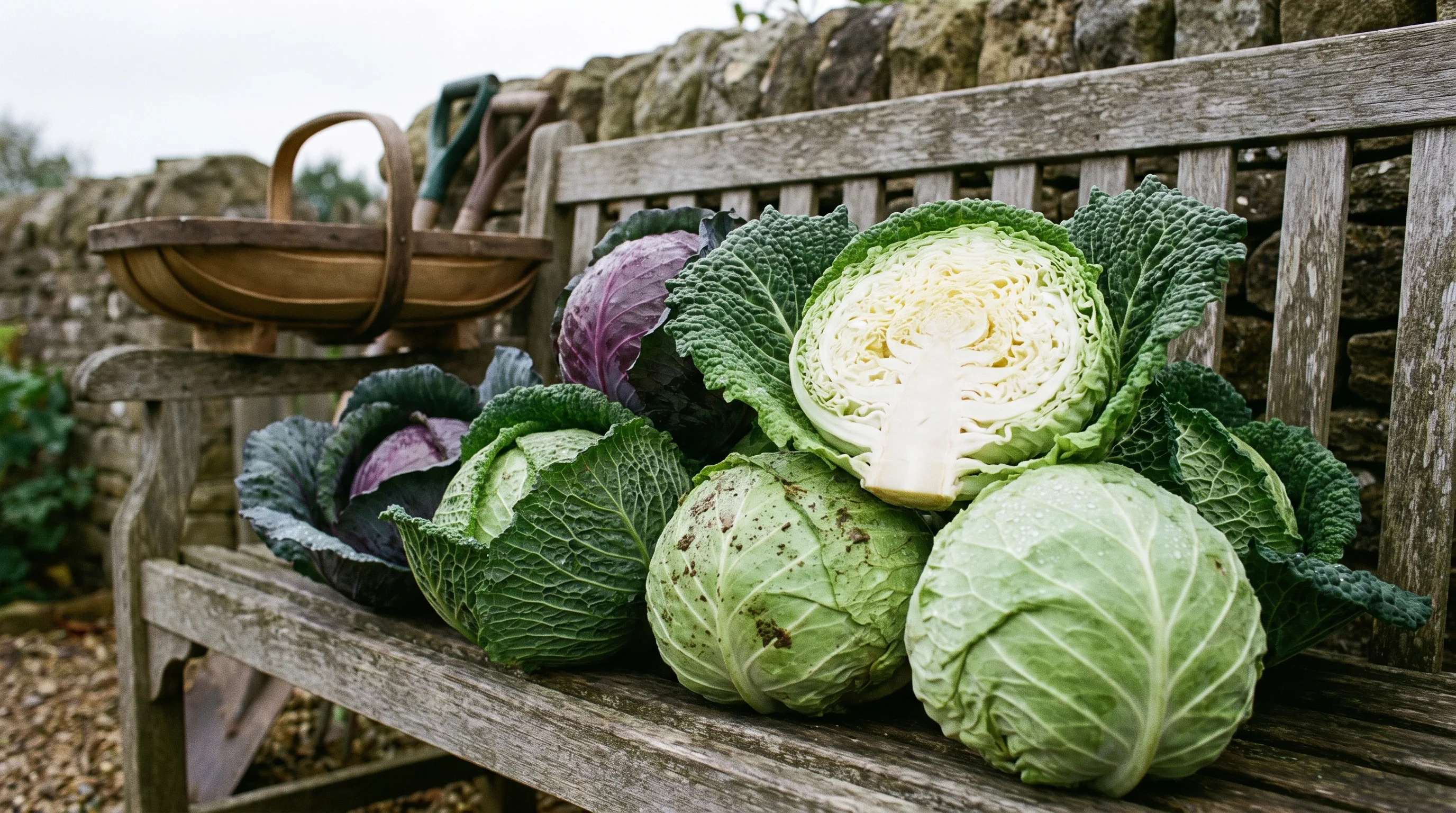 Freshly harvested cabbage heads on a wooden surface, one cut in half