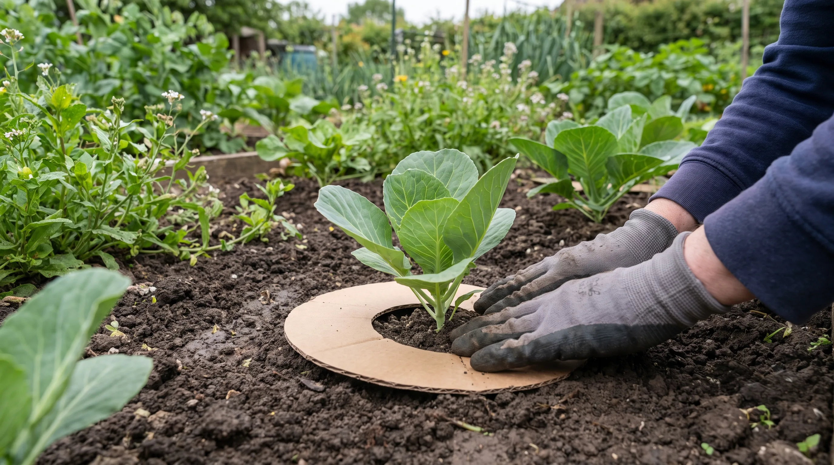 Transplanting a cabbage seedling with a brassica collar to deter cabbage root fly