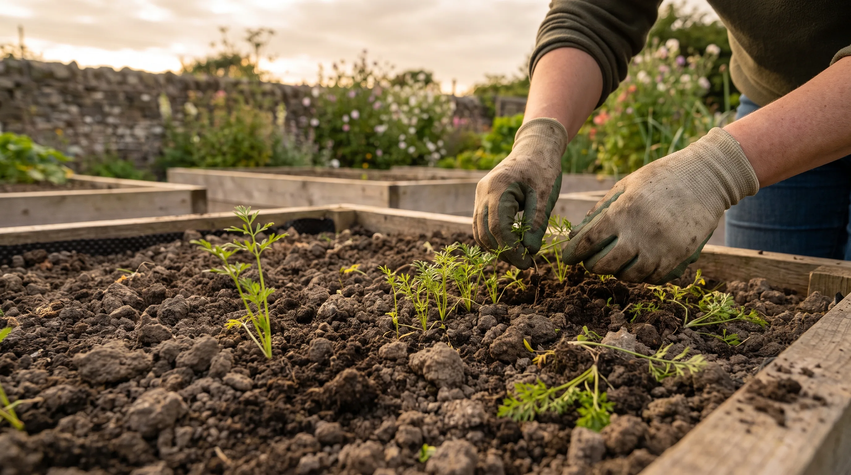 Thinning carrot seedlings to the correct spacing in a UK vegetable bed