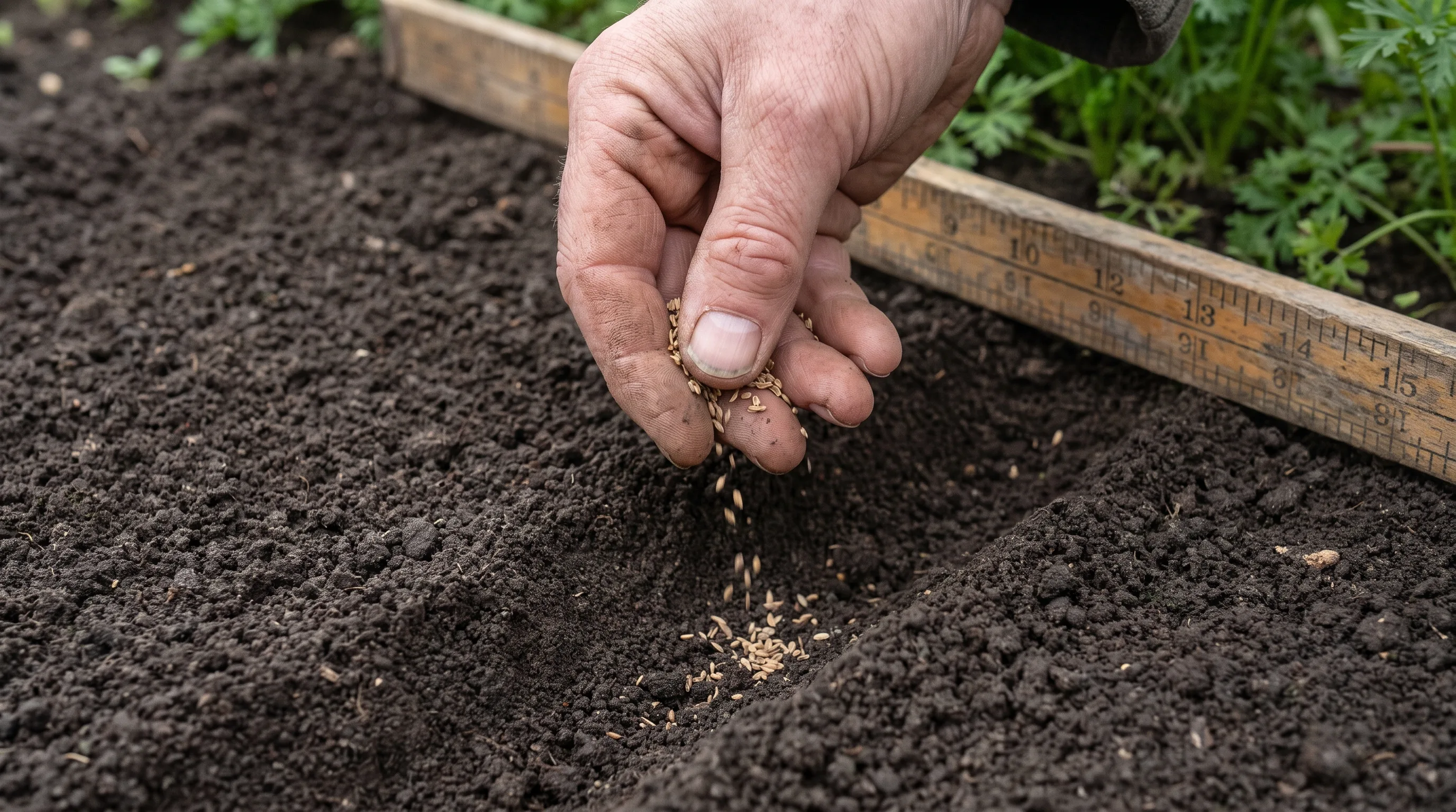 Sowing carrot seeds thinly along a shallow drill in prepared soil