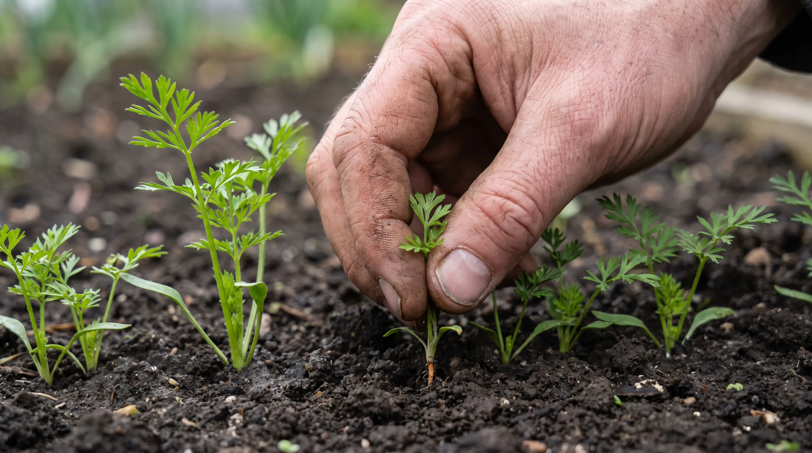 Thinning carrot seedlings to the correct spacing in a UK garden row