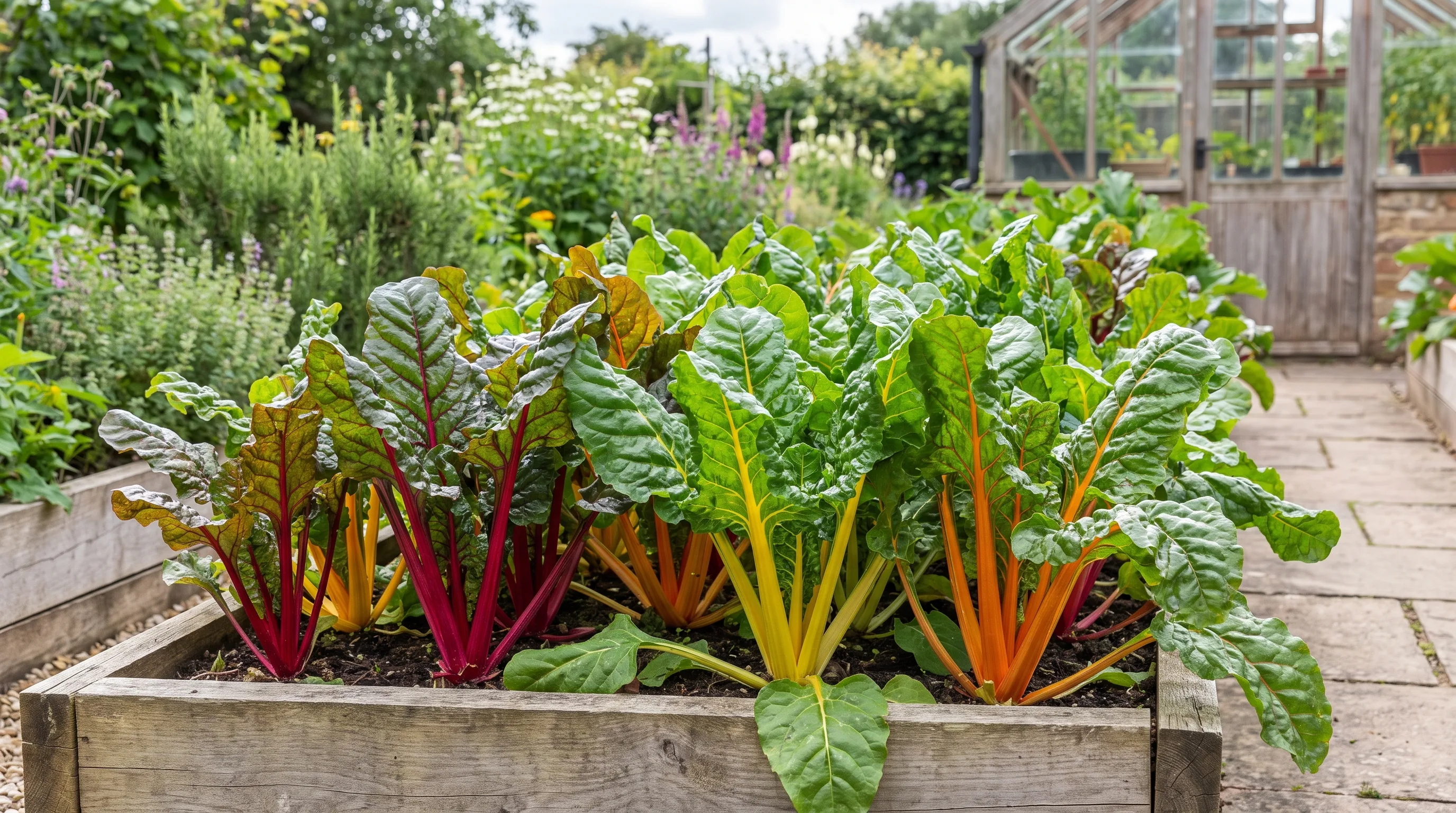 Swiss chard plants in a UK bed with bright red yellow orange stems