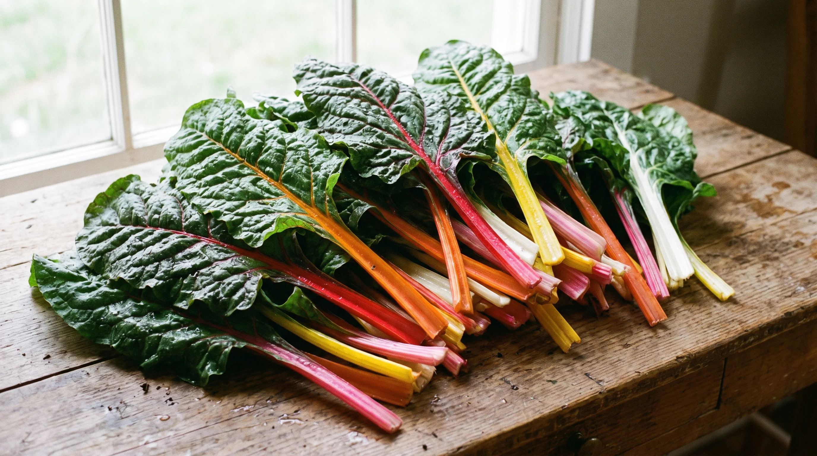 Freshly picked Swiss chard leaves with vivid coloured stems on a wooden surface