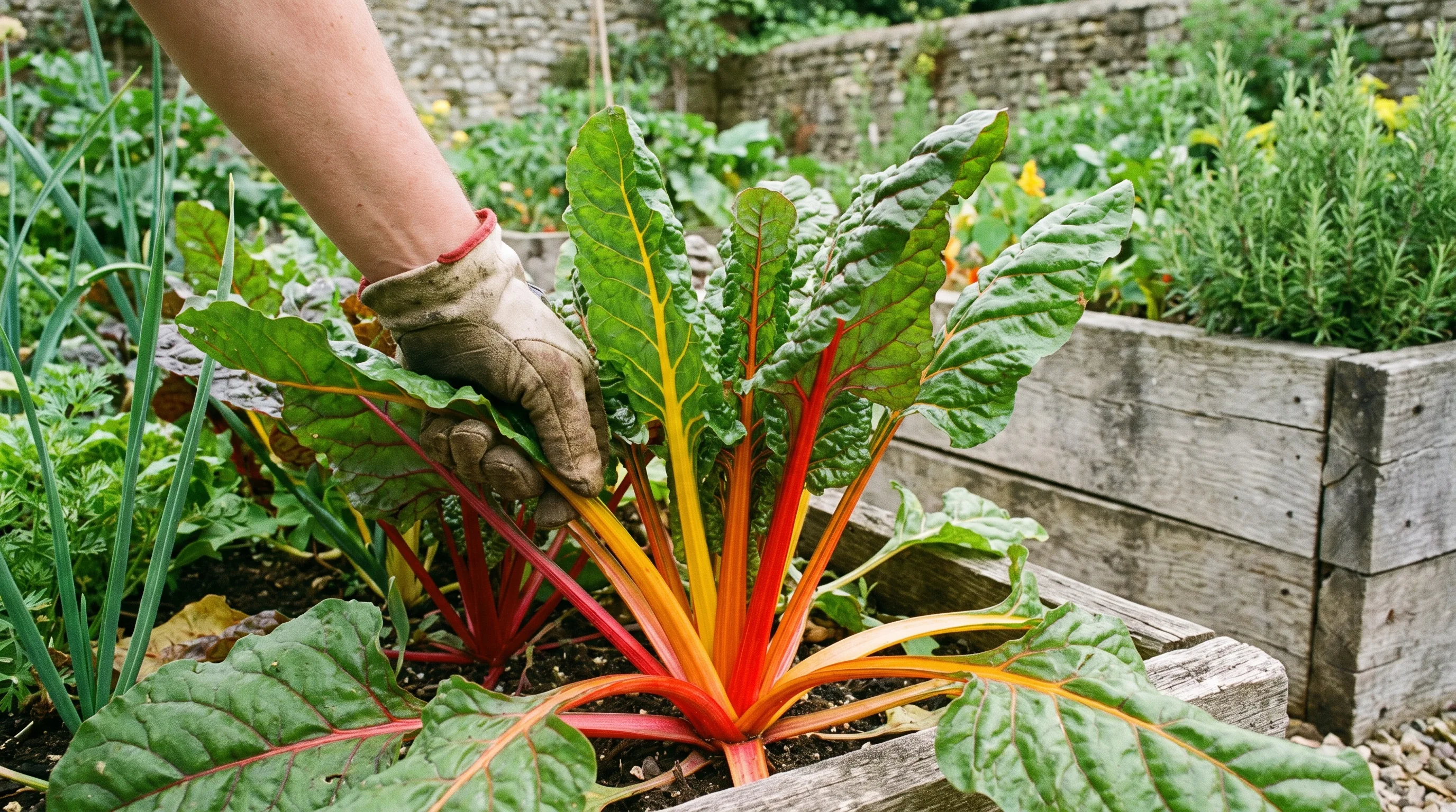 Picking the outer leaves of a chard plant to keep it producing