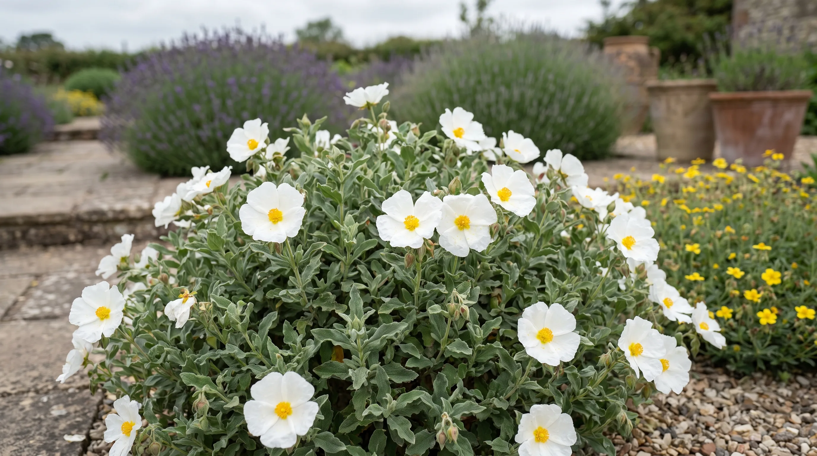 Cistus Candidus growing in a UK garden setting