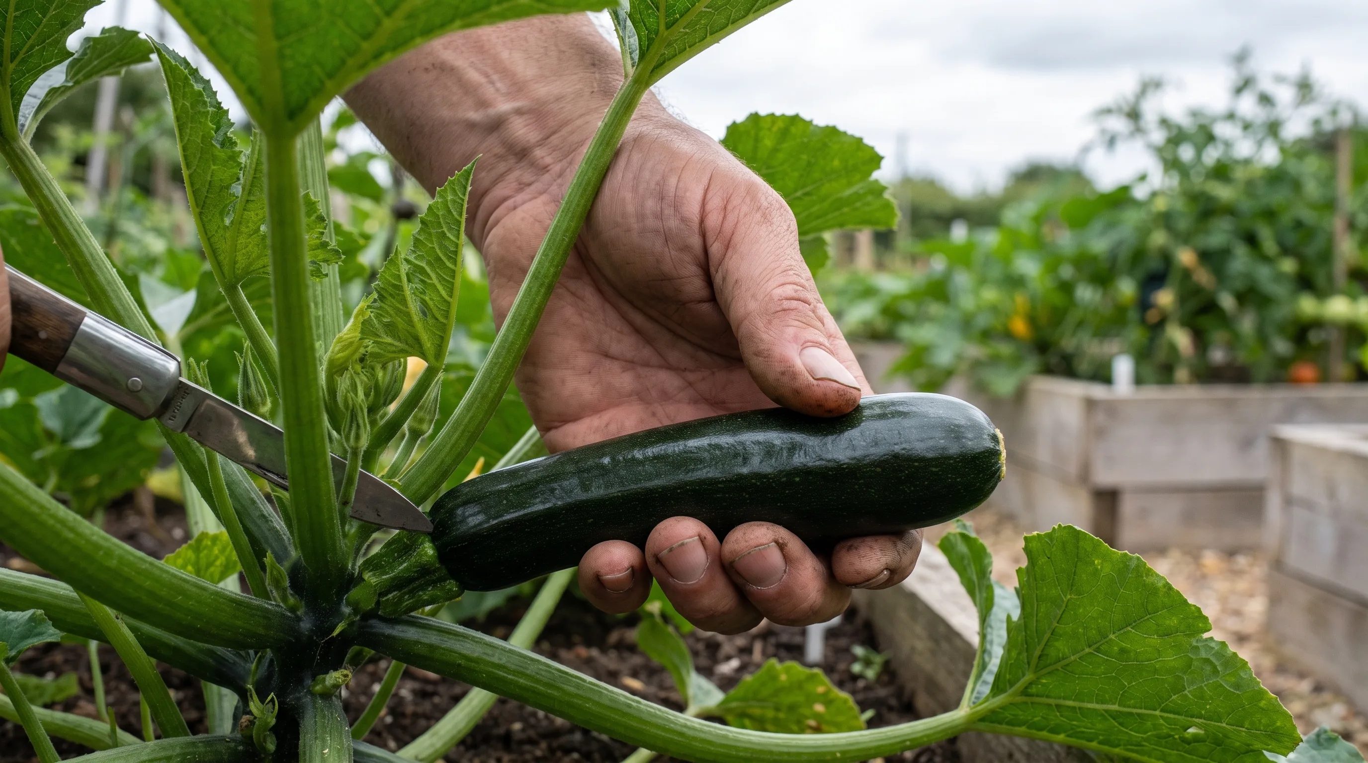 Cutting a mature courgette from the plant with a sharp knife