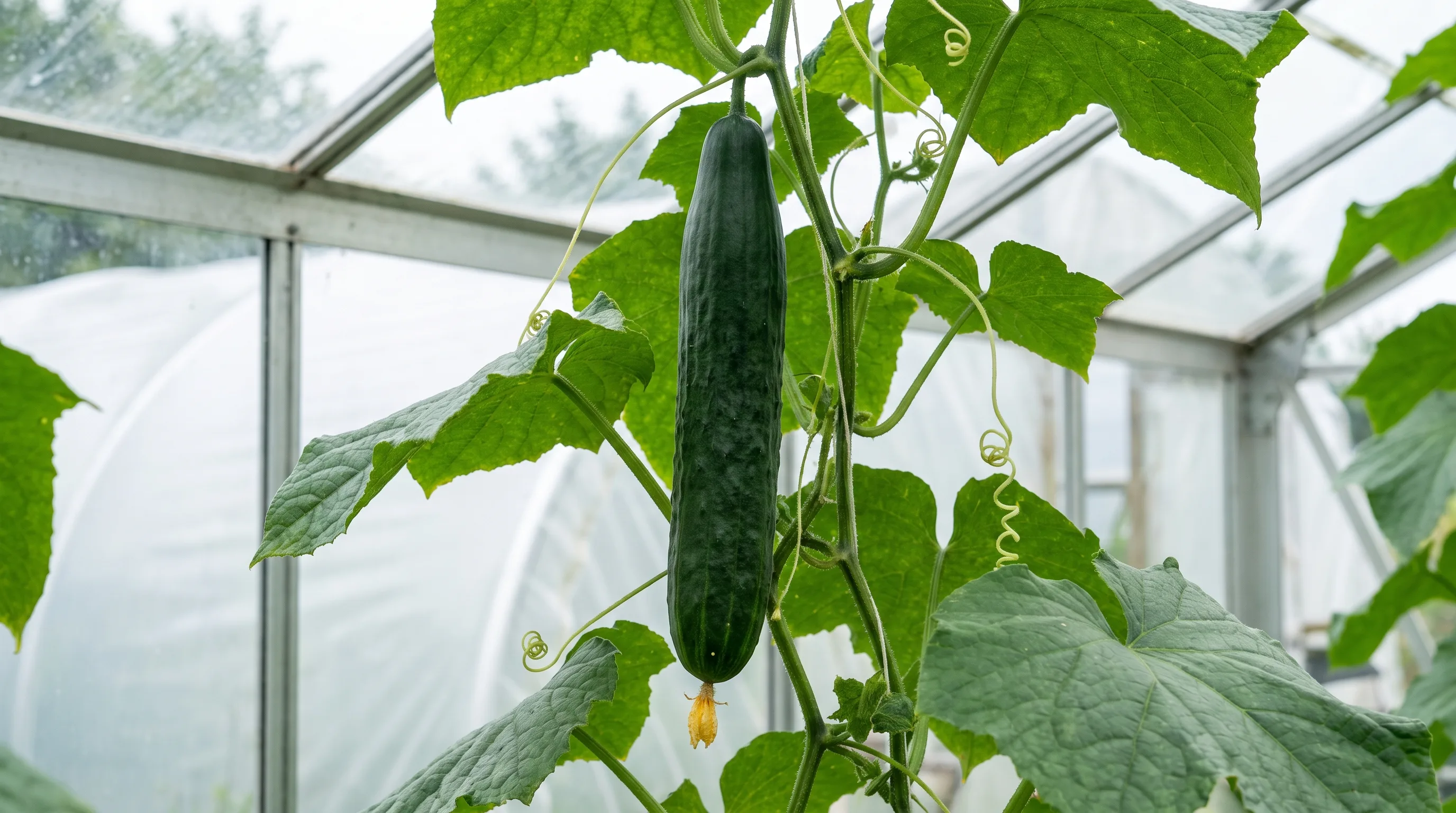 A ripe cucumber hanging from the vine, ready to cut