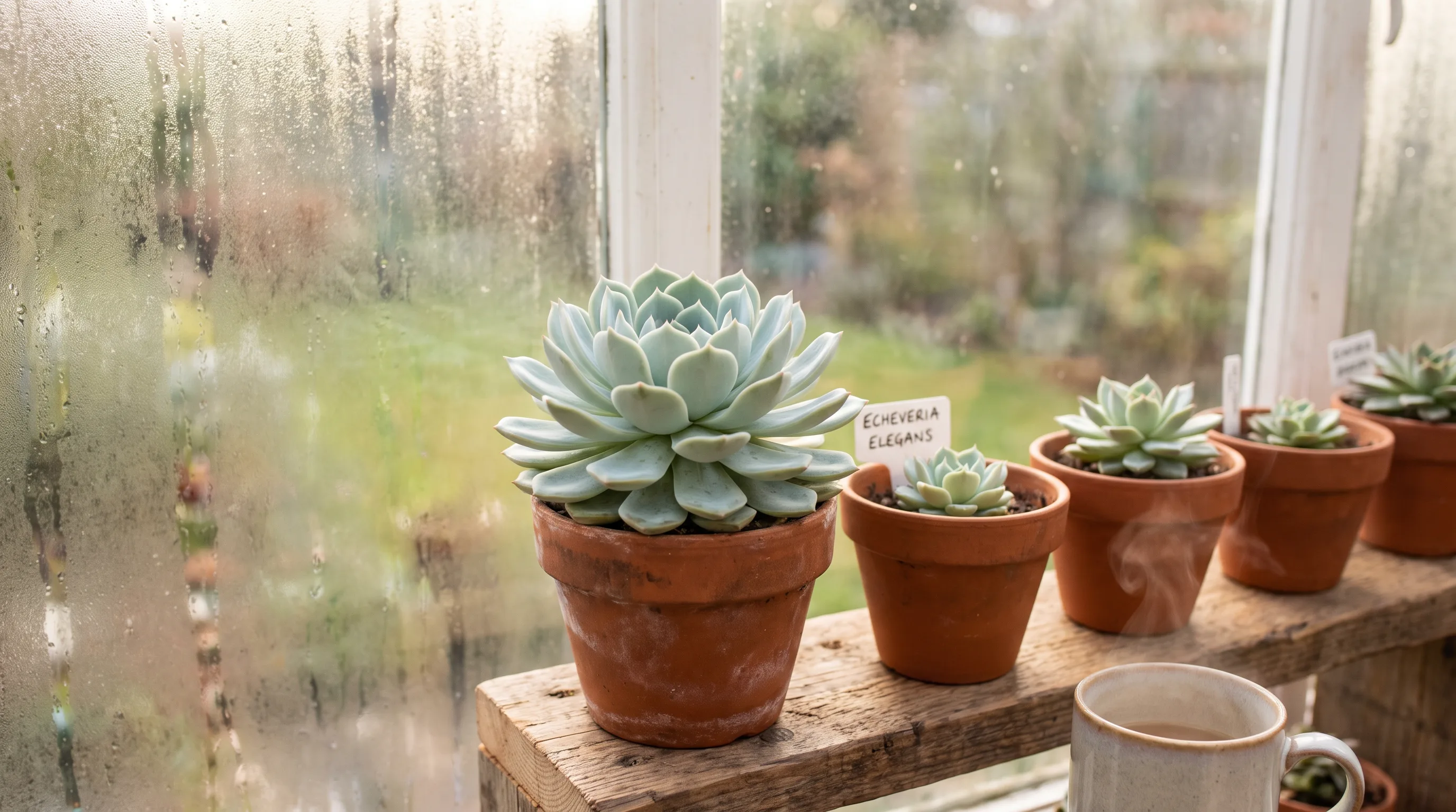 Mature Echeveria elegans (Mexican snowball) succulent rosette in a terracotta pot on a UK windowsill