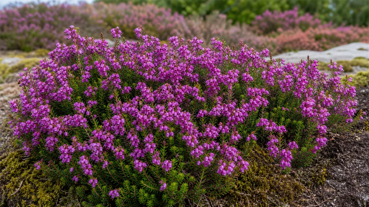 Bell heather (Erica cinerea) in purple-magenta midsummer flower