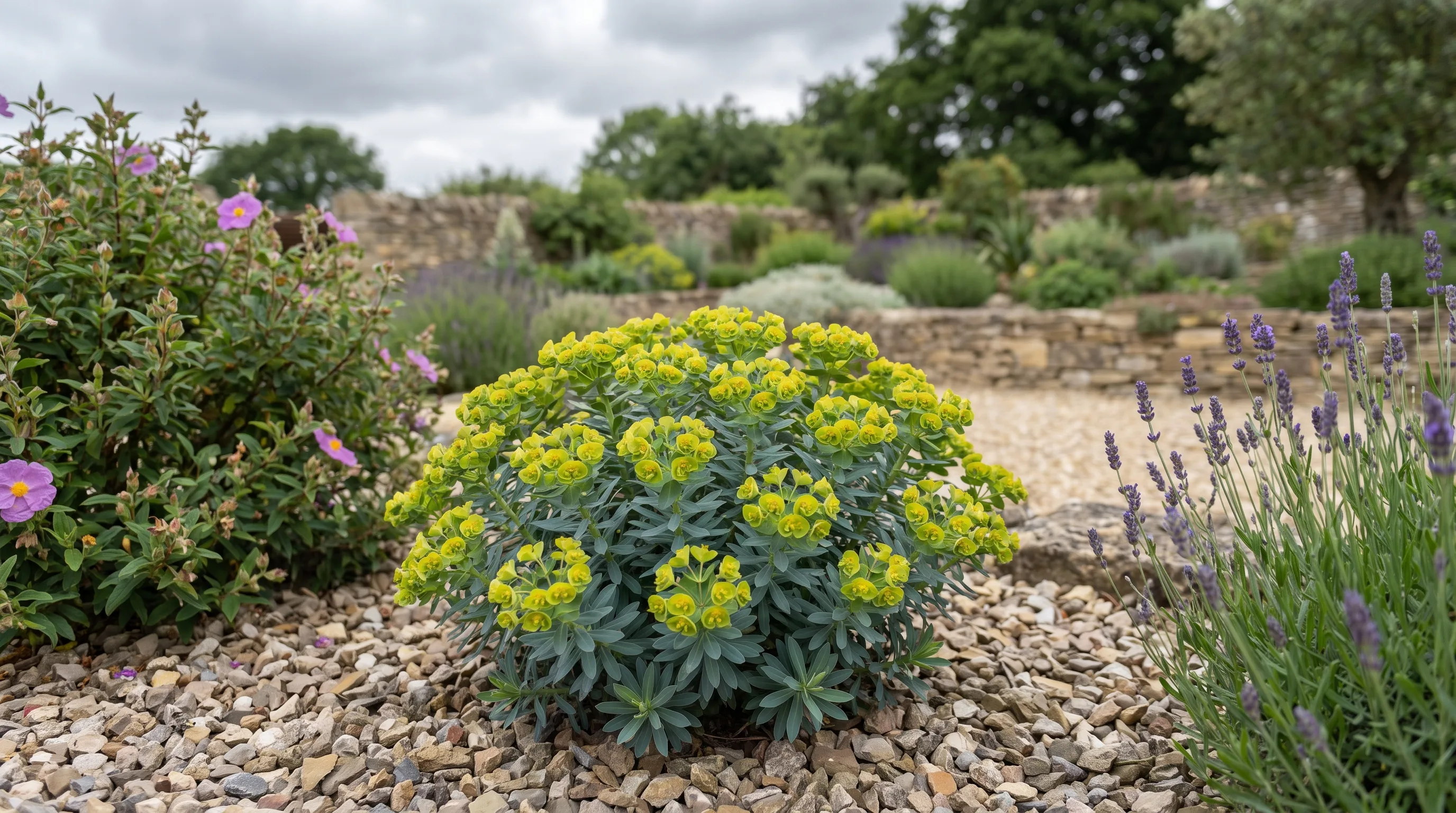 Euphorbia Margalidiana growing in a UK garden setting
