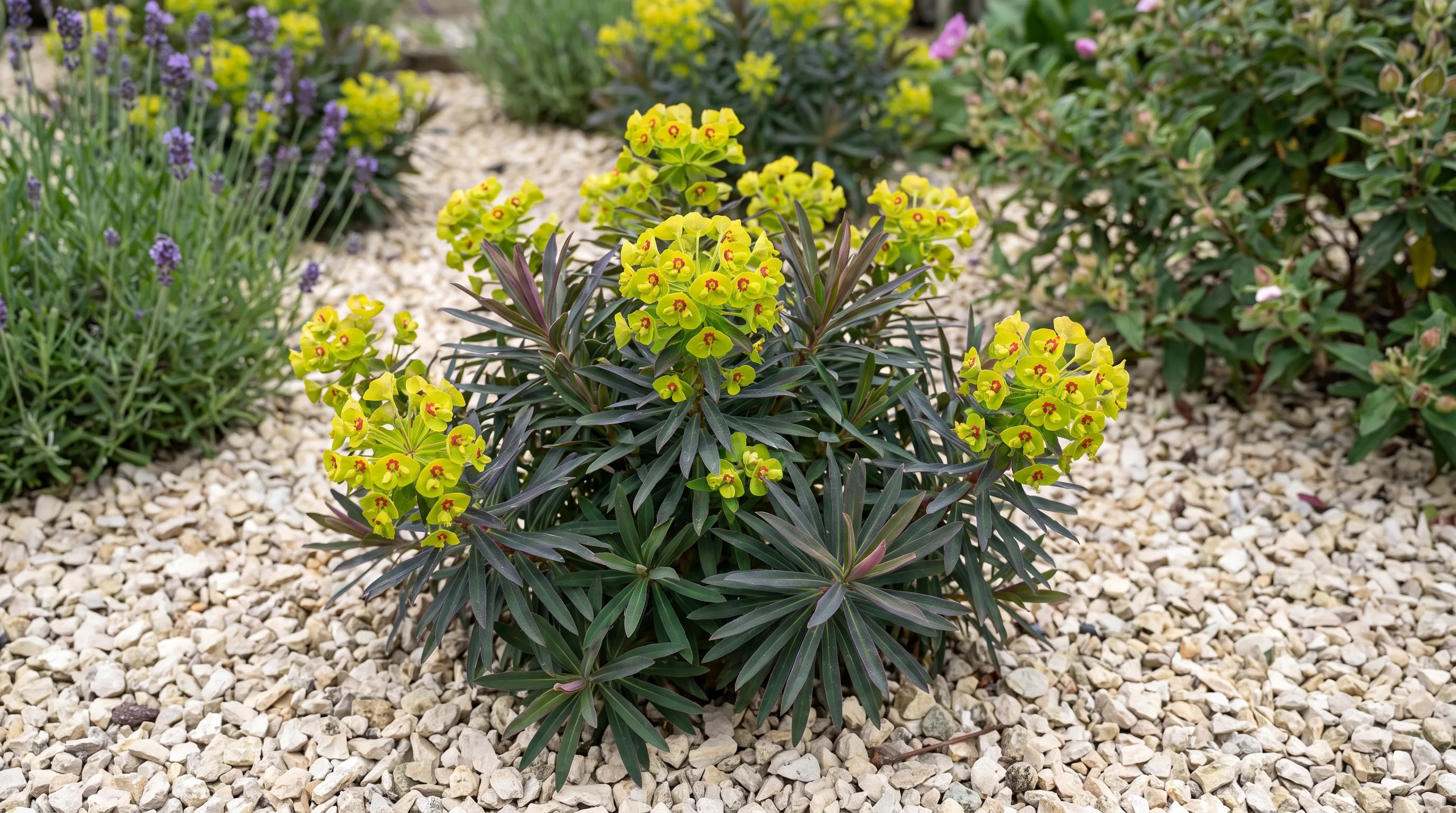 Euphorbia Martini growing in a UK garden setting