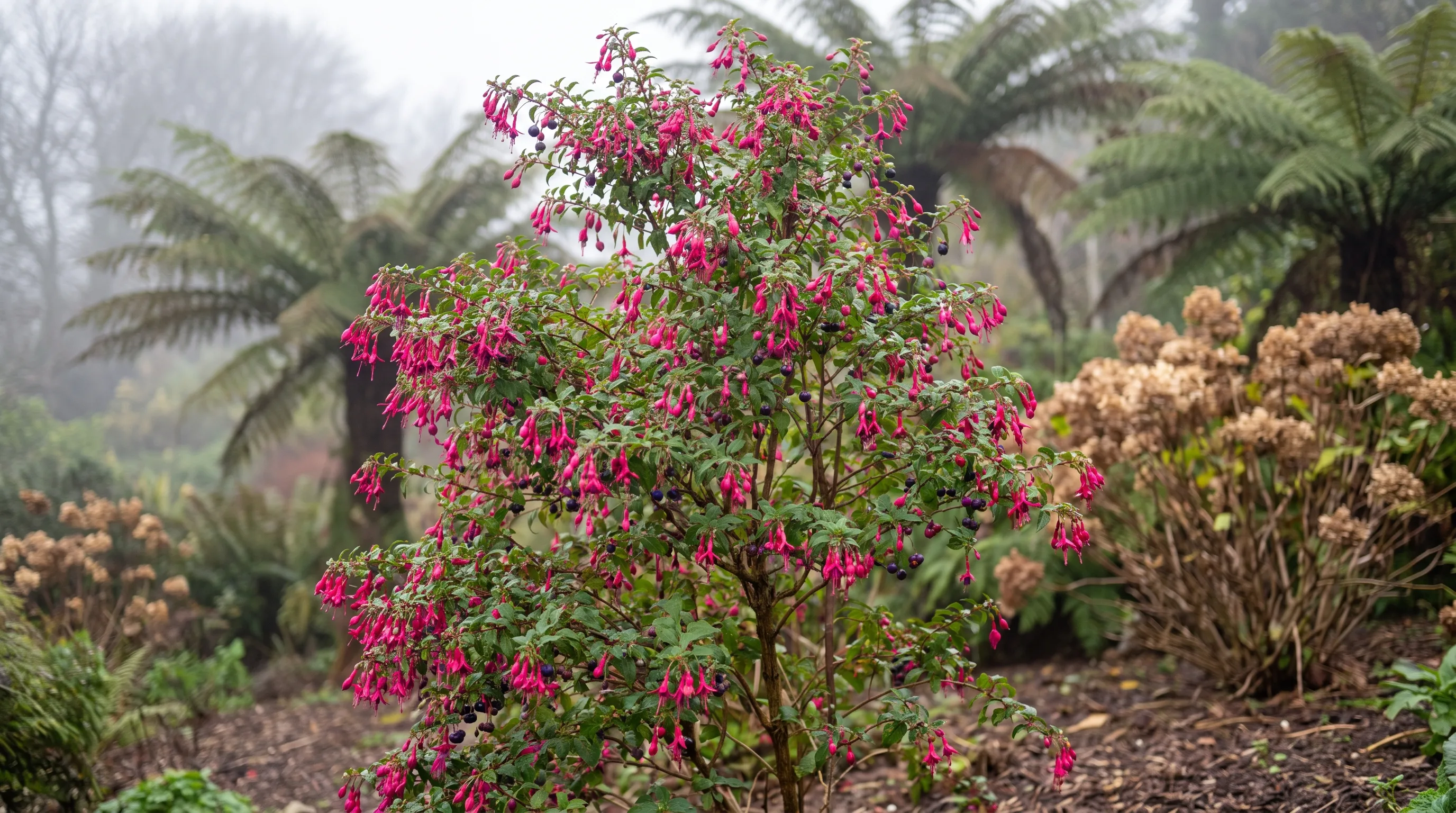 Fuchsia Arborescens growing in a UK garden setting