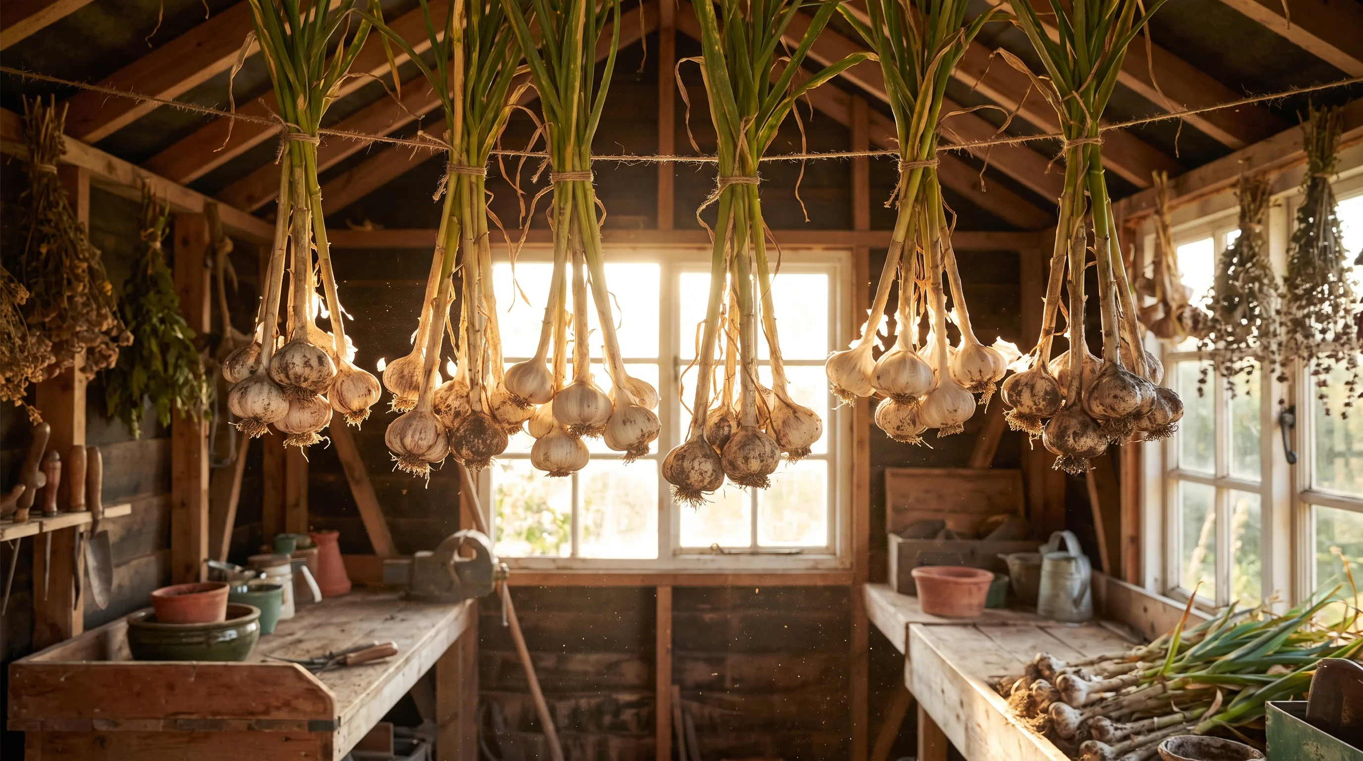 Garlic plants tied and hung to dry in a sunny shed