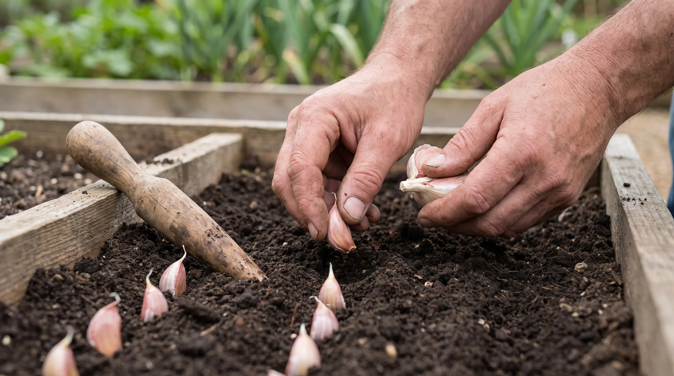 Breaking a garlic bulb and planting individual cloves