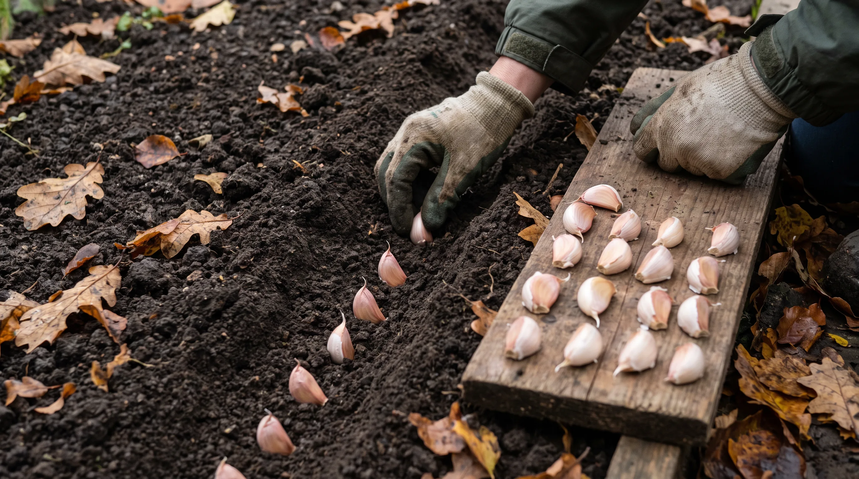 Planting individual garlic cloves in a shallow trench in autumn