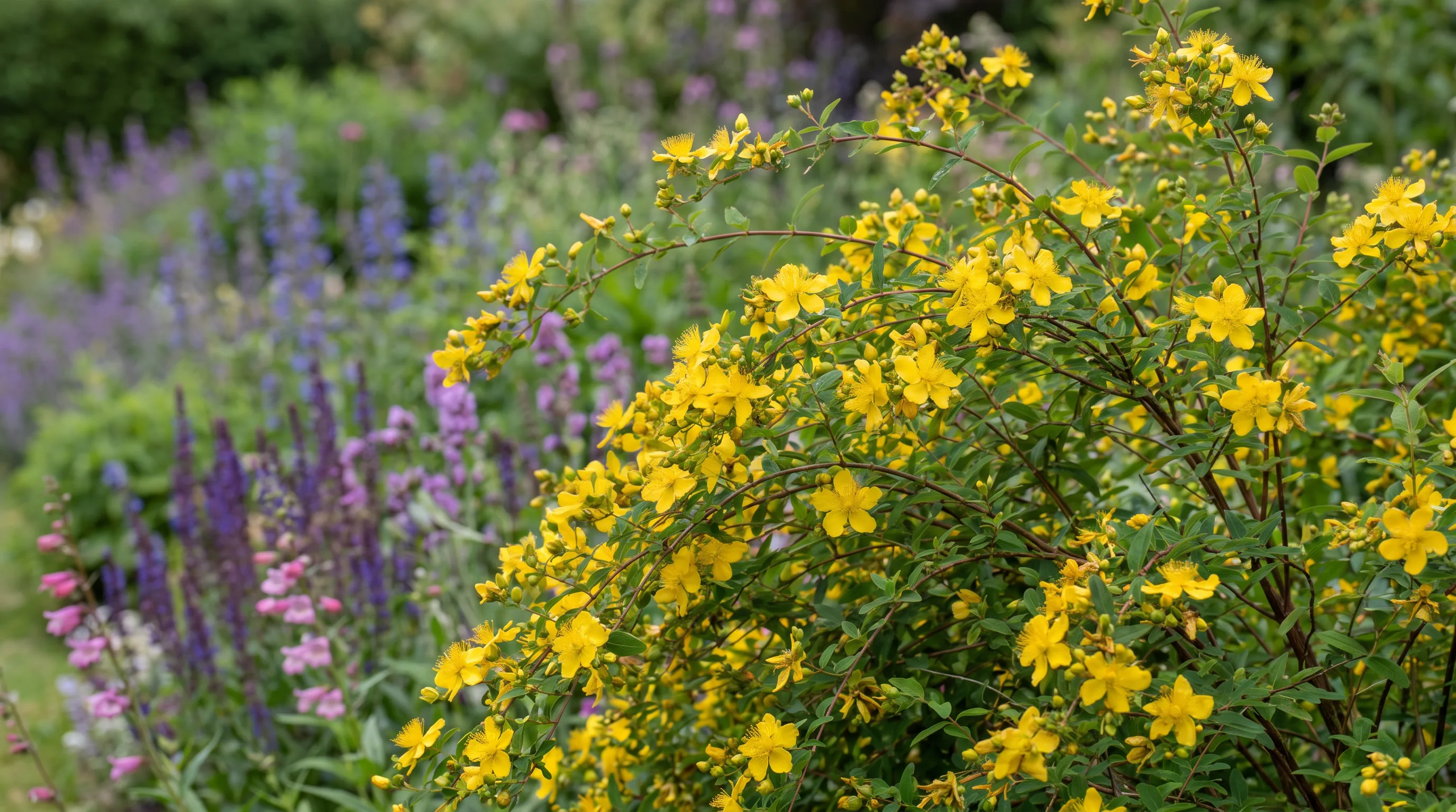 Hypericum growing in a UK garden setting