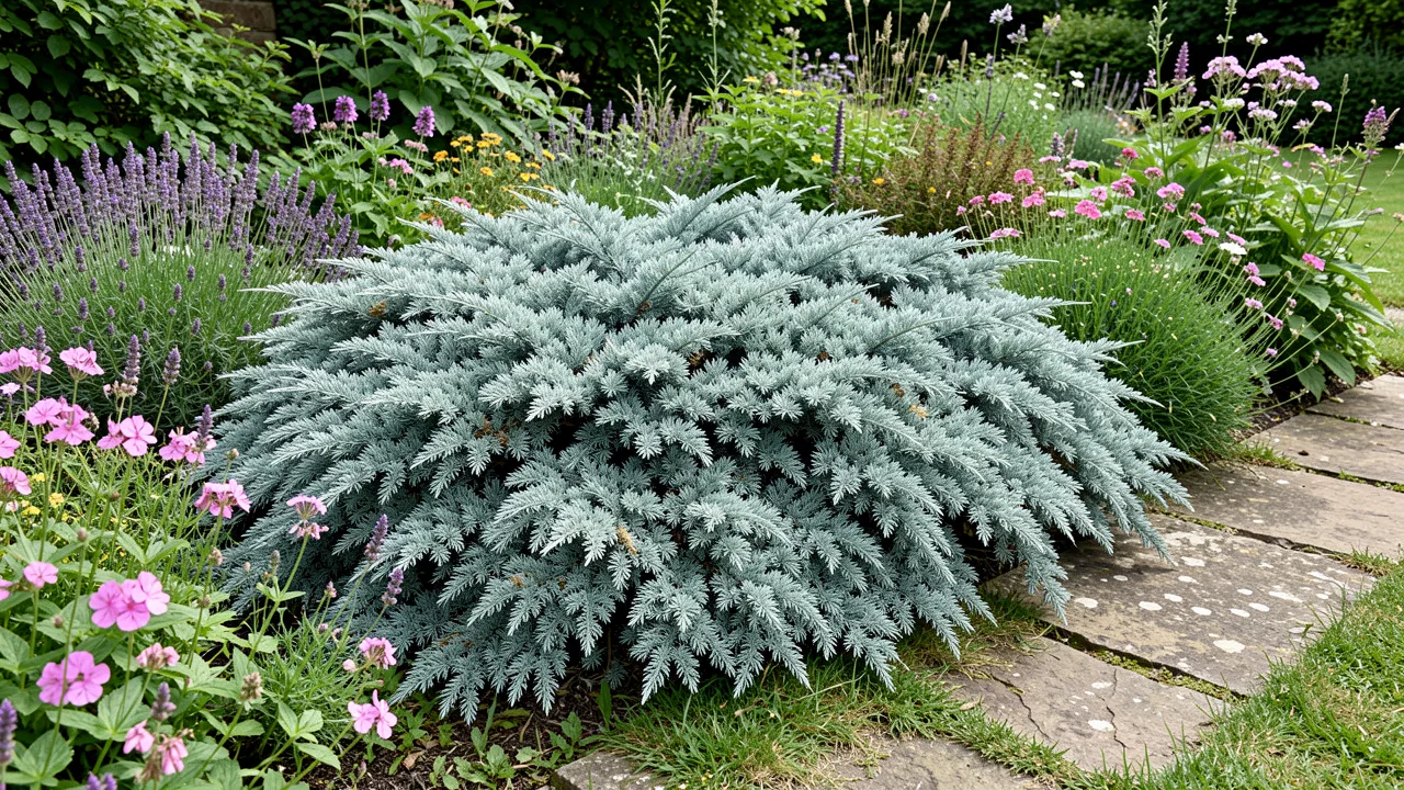 Flaky Juniper (Juniperus squamata), silver-blue low-spreading conifer in a garden border