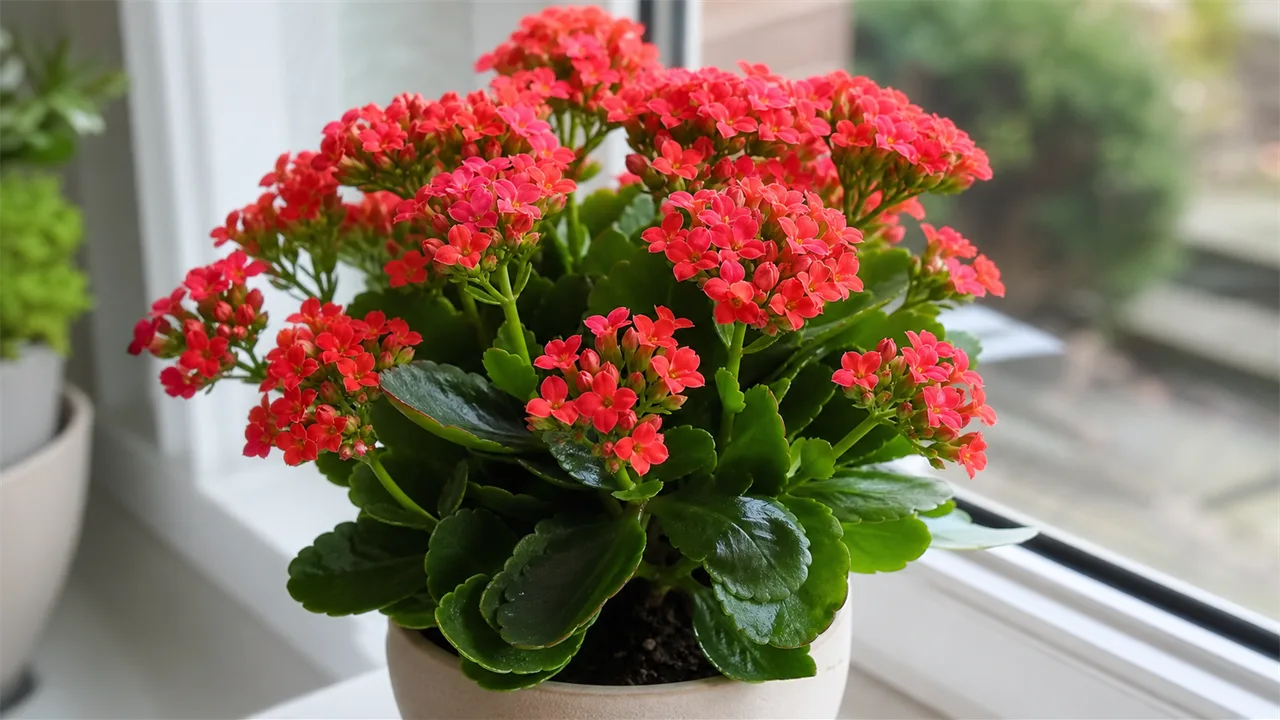 Flowering Kalanchoe blossfeldiana with coral-red blooms on a bright windowsill