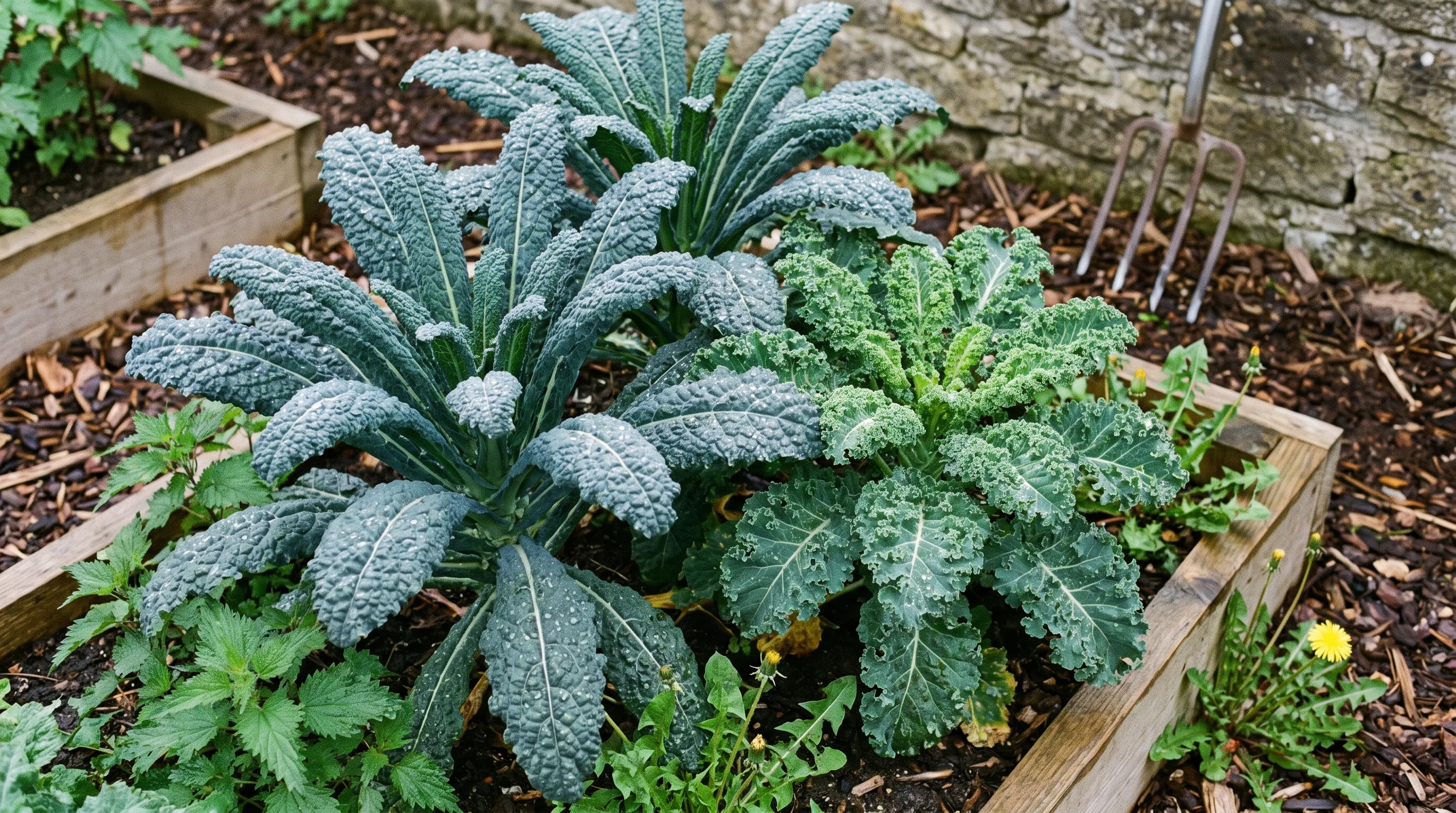 Curly kale plants growing in a UK vegetable bed, deep blue-green leaves after rain