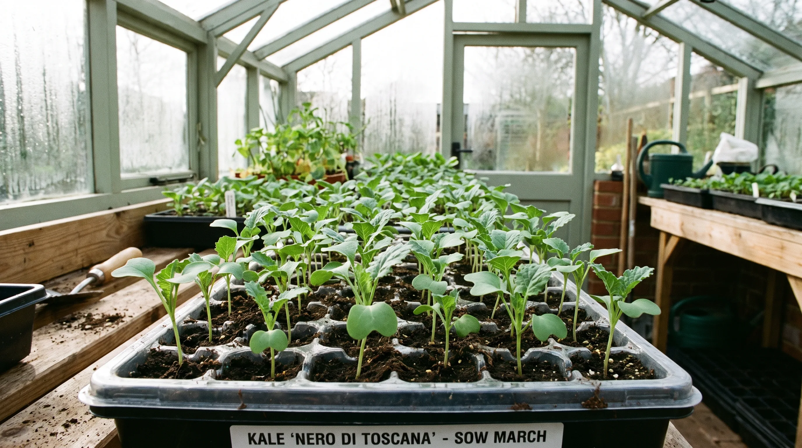 Kale seedlings in a module tray in a UK greenhouse