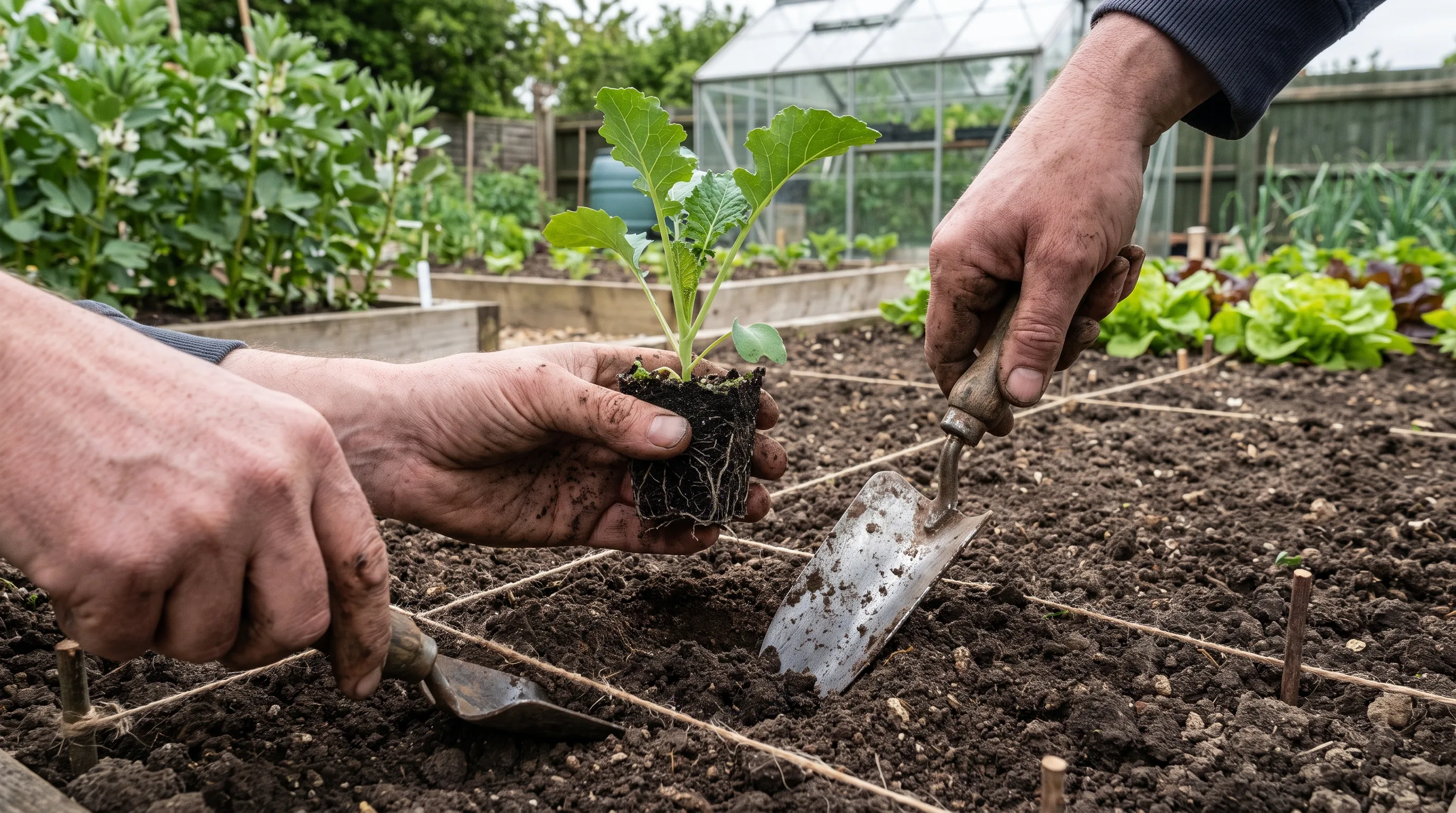 Transplanting young kale seedlings into their final growing position