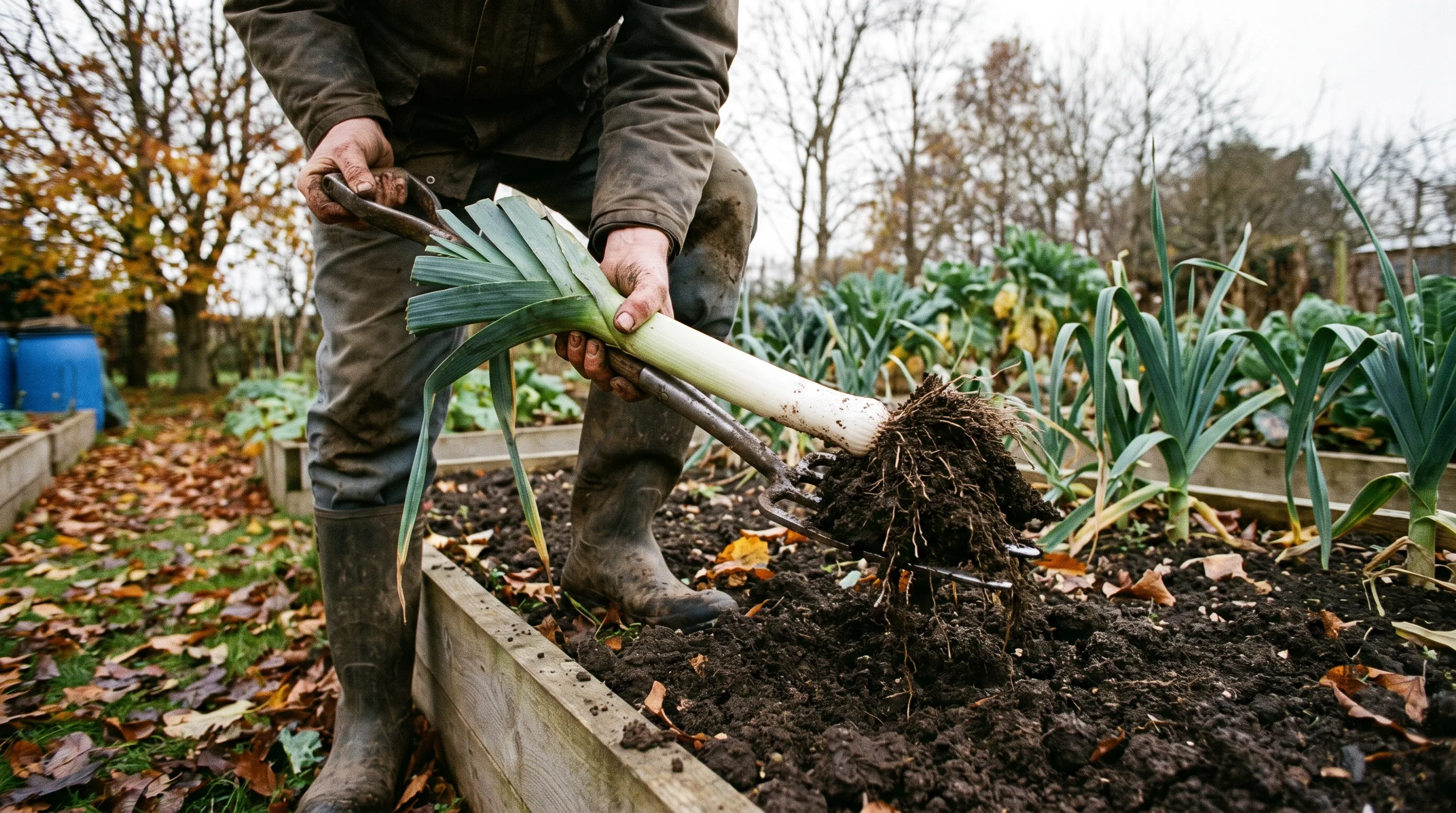 A mature leek lifted from a UK vegetable bed with a fork, showing the long white shank