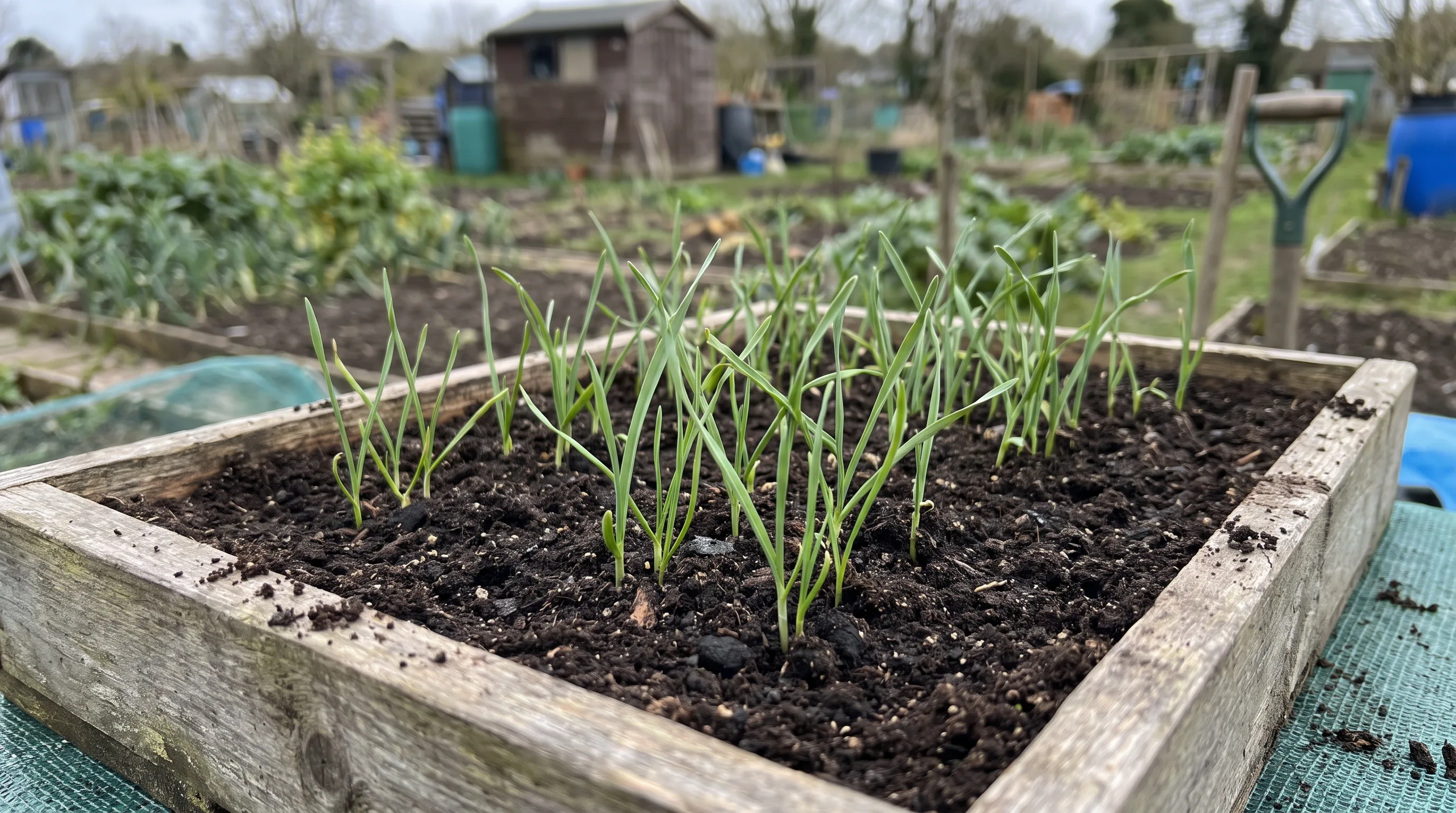 Young leek seedlings in a seed tray - ready for pricking out