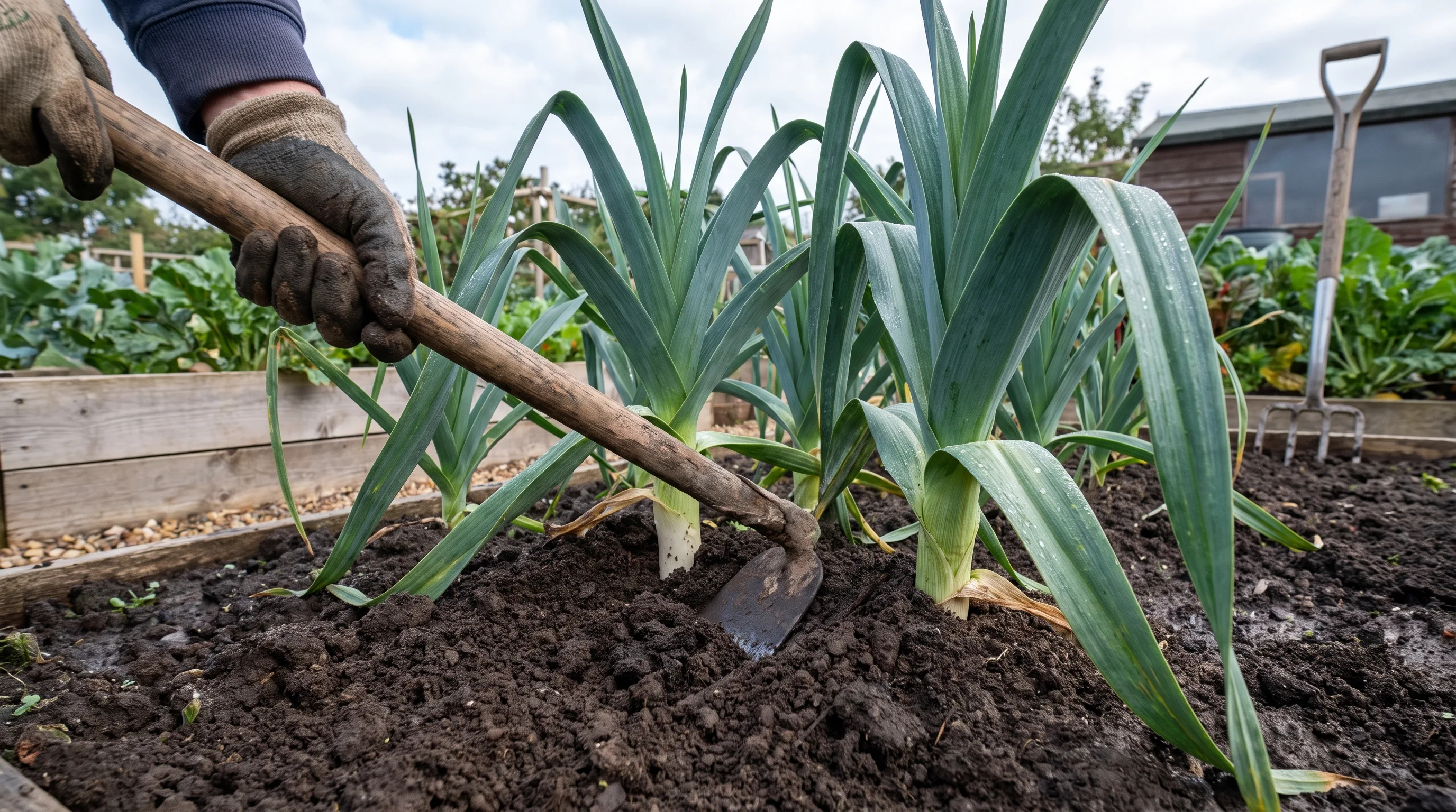 Trenching leeks by drawing soil up around the stems to blanch the shanks