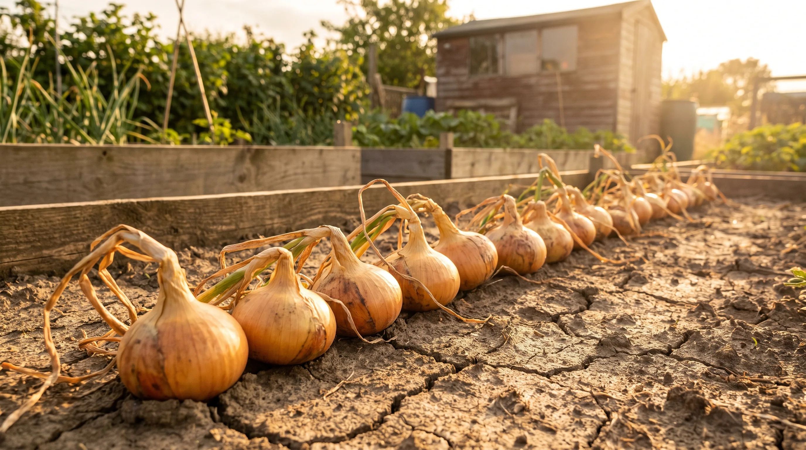 Dried onion bulbs curing on the soil surface in summer sun