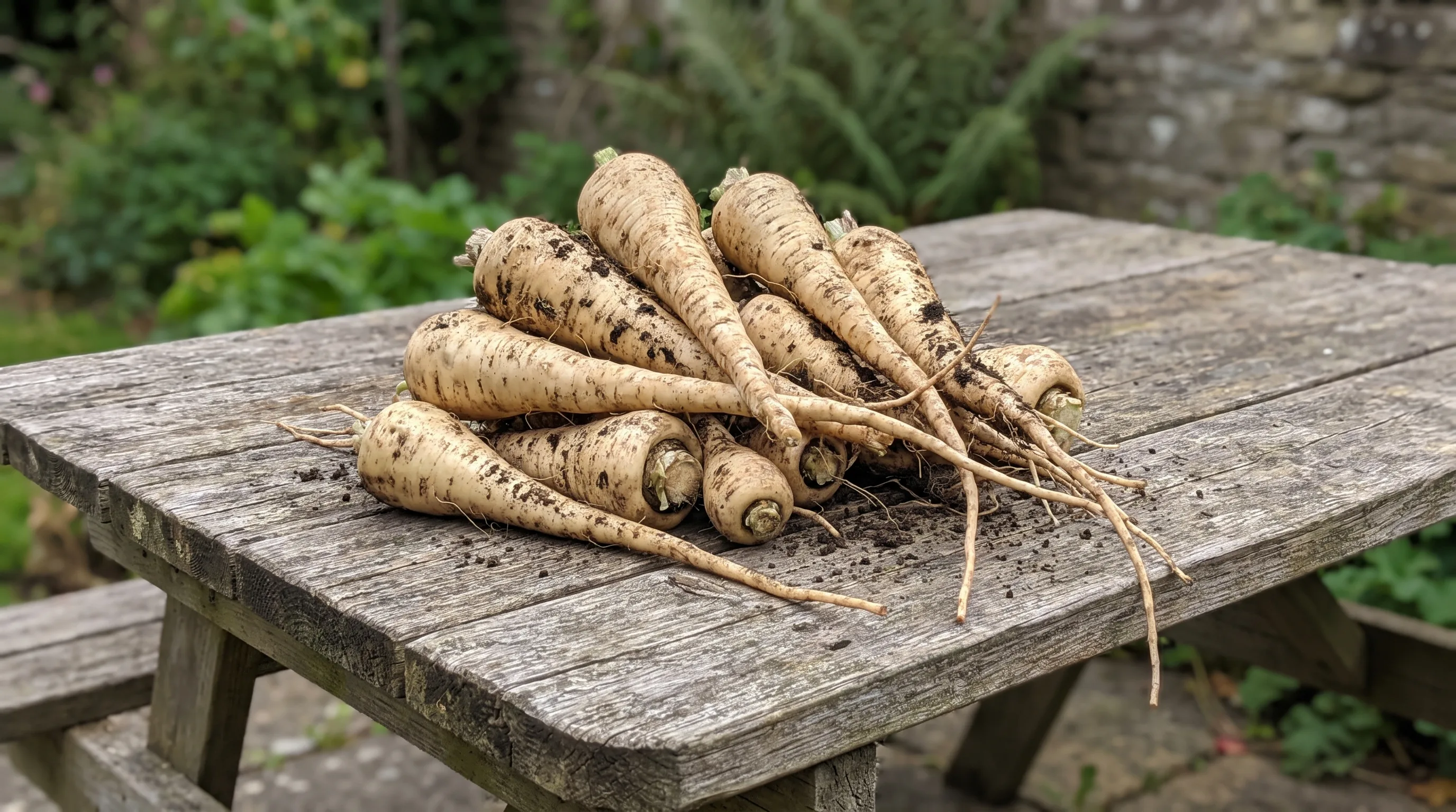 Washed parsnips on a rustic wooden surface, freshly harvested
