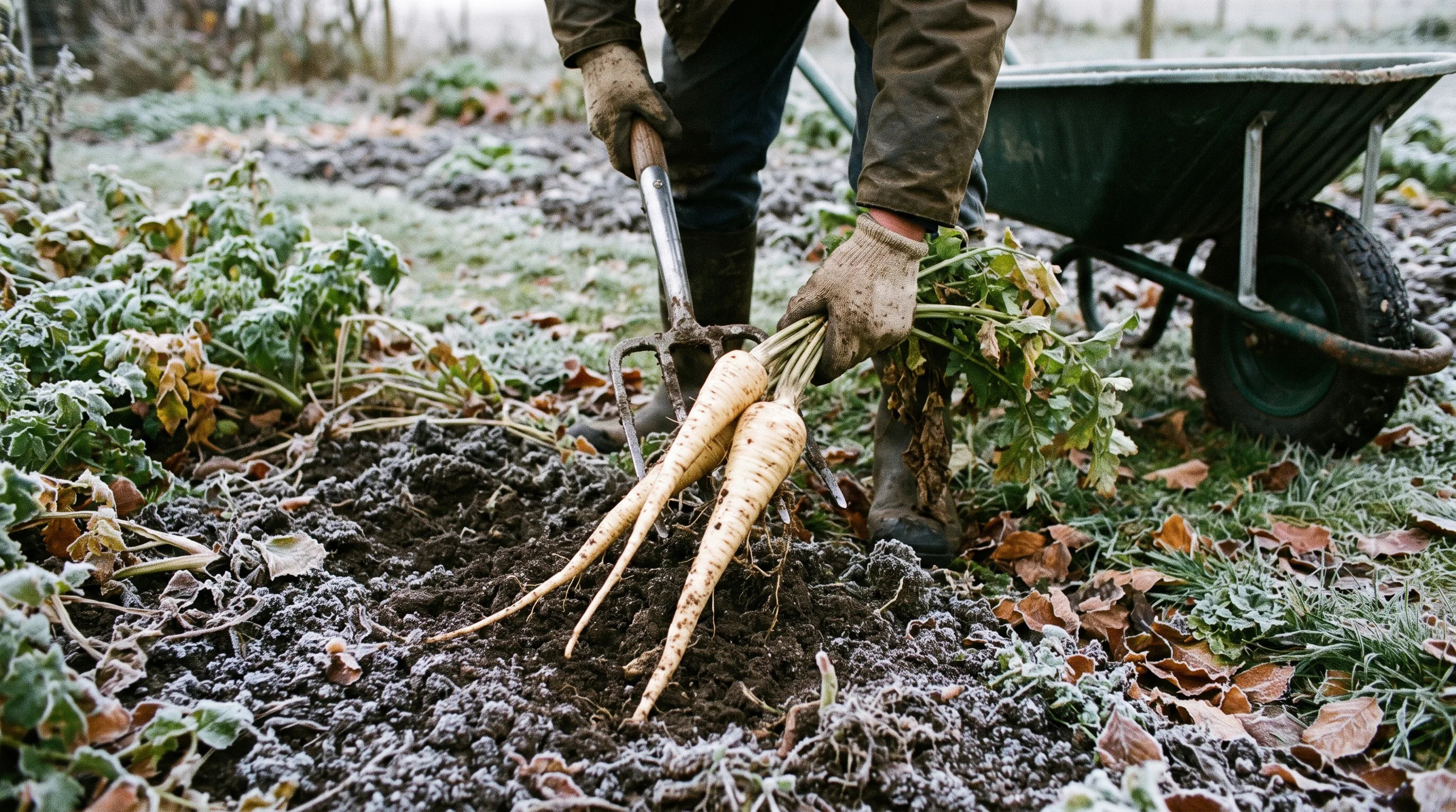 Parsnips being lifted from a UK bed in late autumn after frost