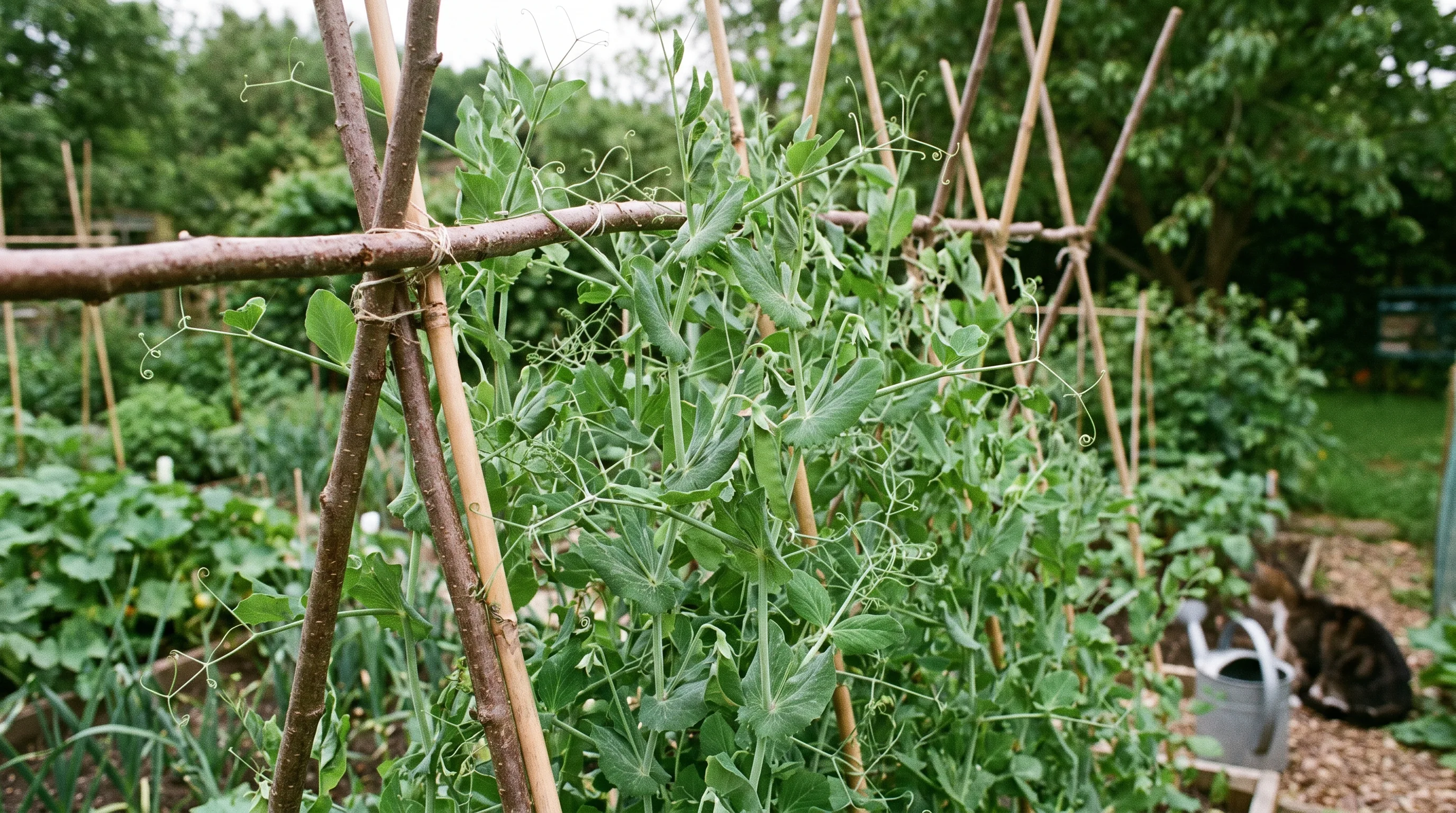 Pea plants climbing a hazel support in a UK vegetable bed
