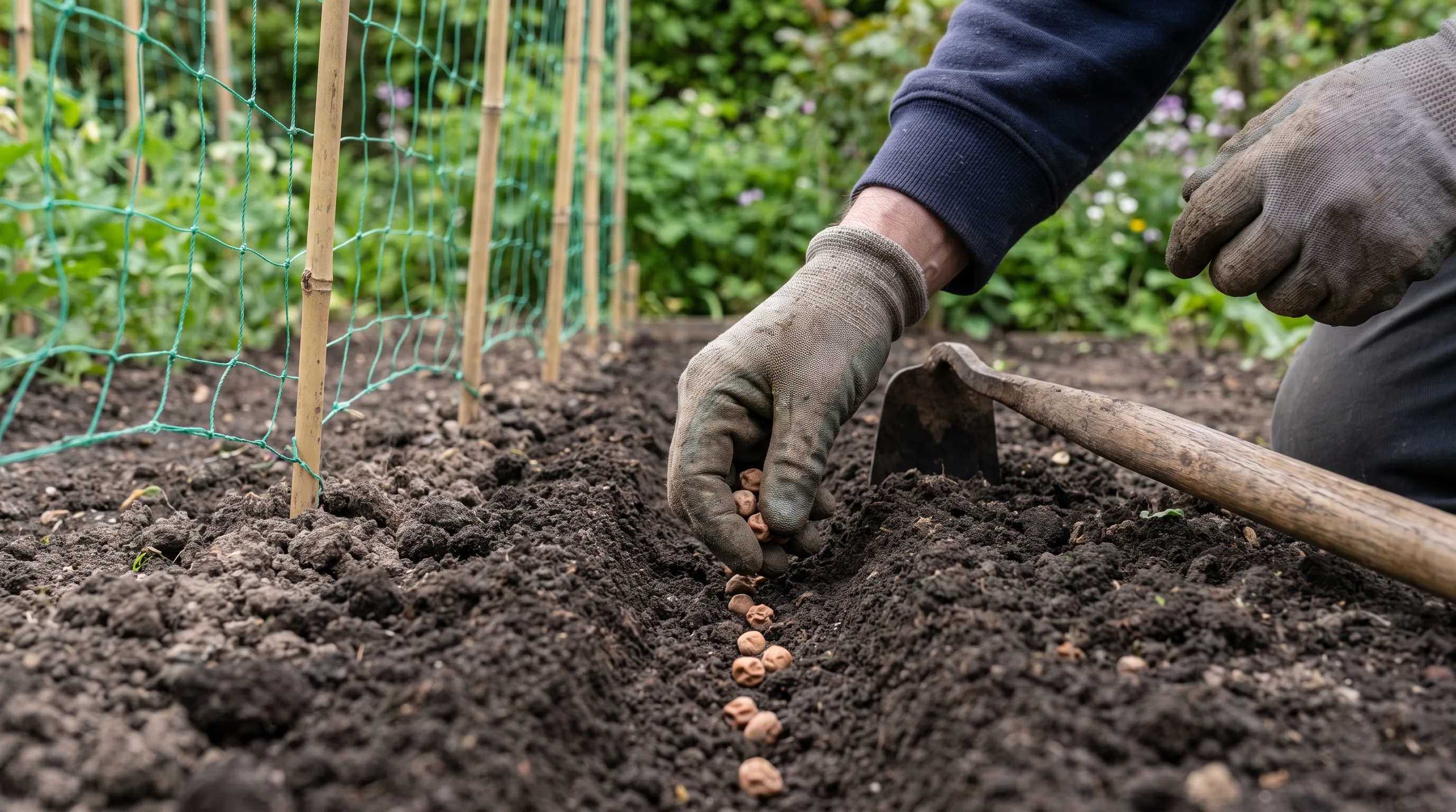 Sowing pea seeds in a shallow drill in a UK vegetable plot