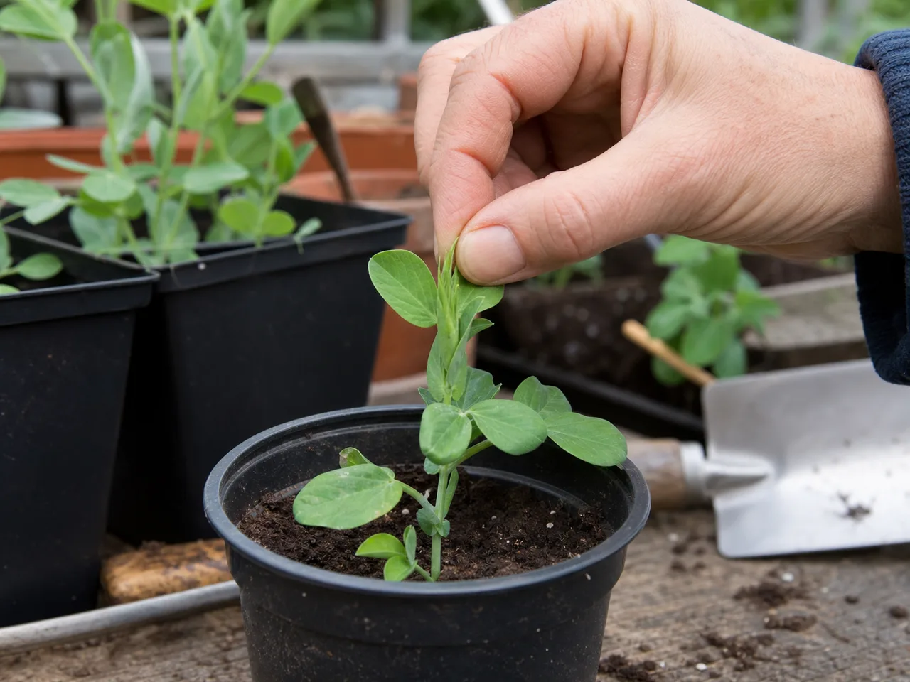 Fingers pinching the central growing tip above a healthy leaf on a young sweet pea
