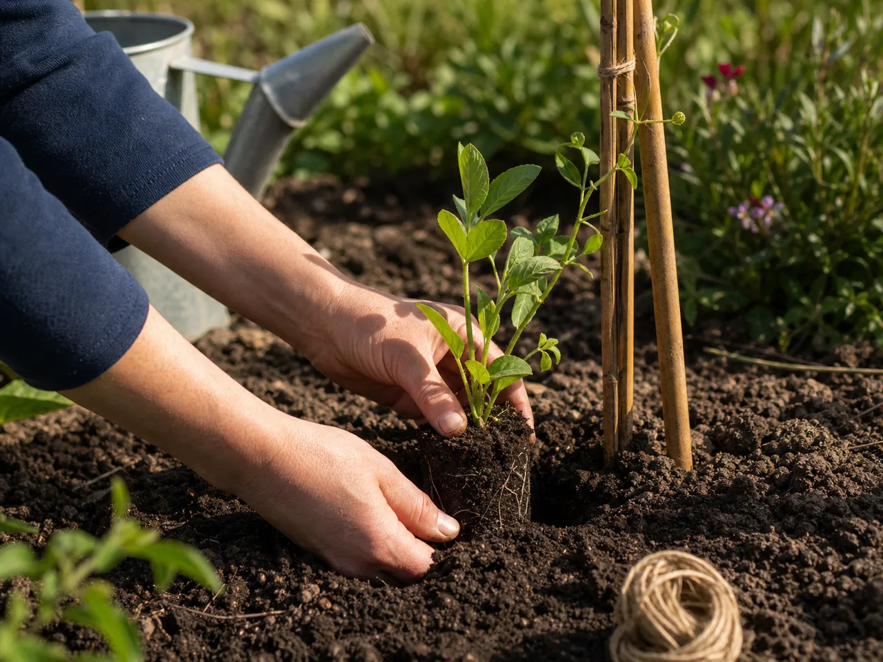 Intact sweet pea root plug being planted beside an established cane support