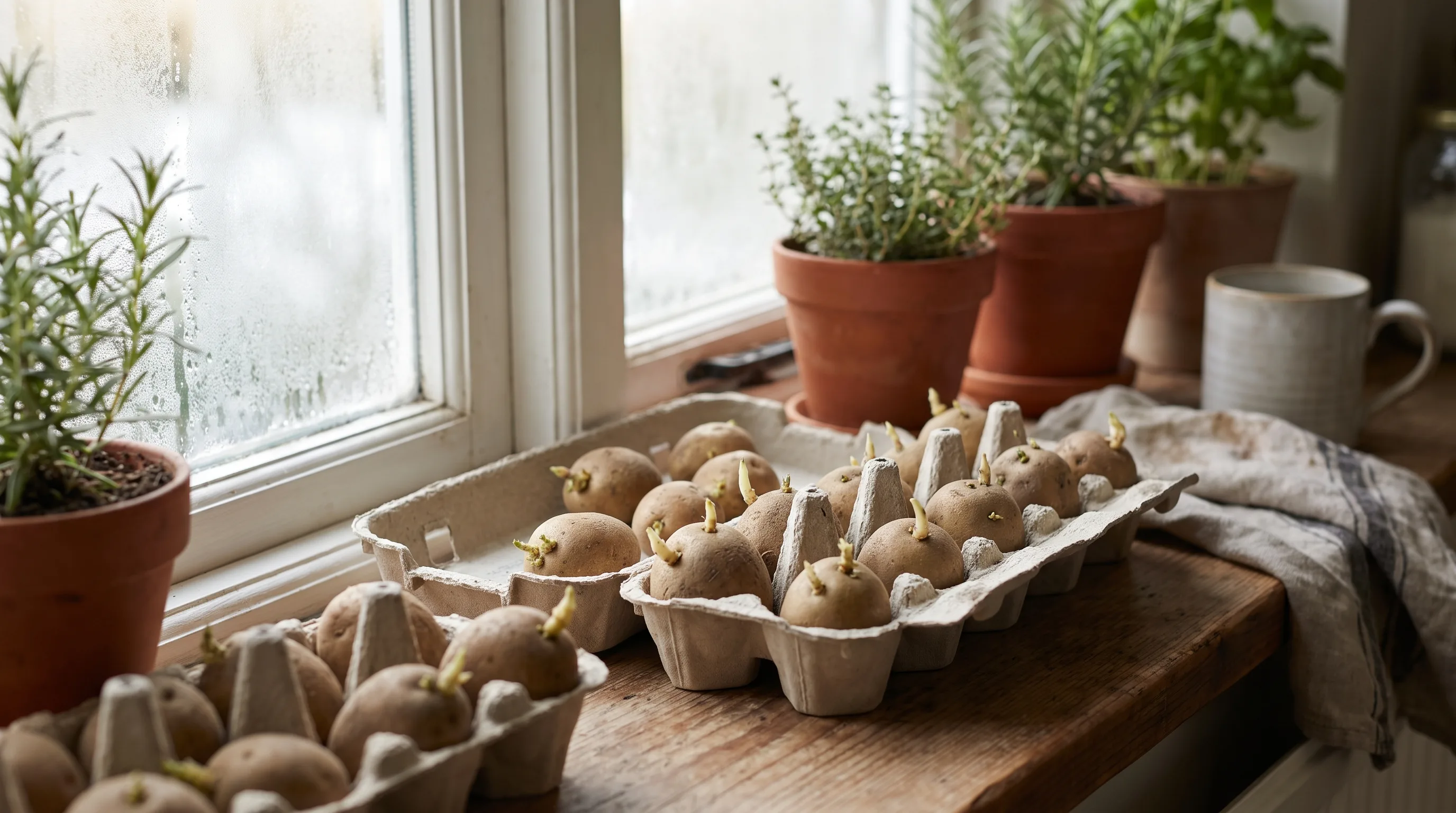 Chitting seed potatoes in egg boxes on a UK windowsill