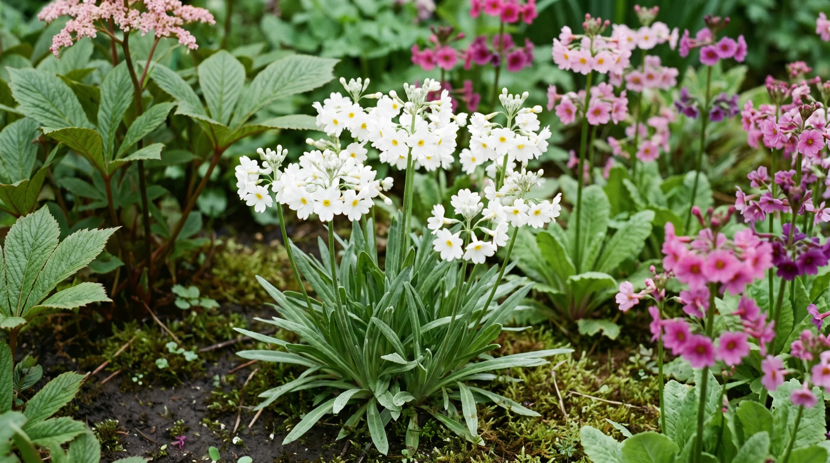 Primula Chionantha growing in a UK garden setting