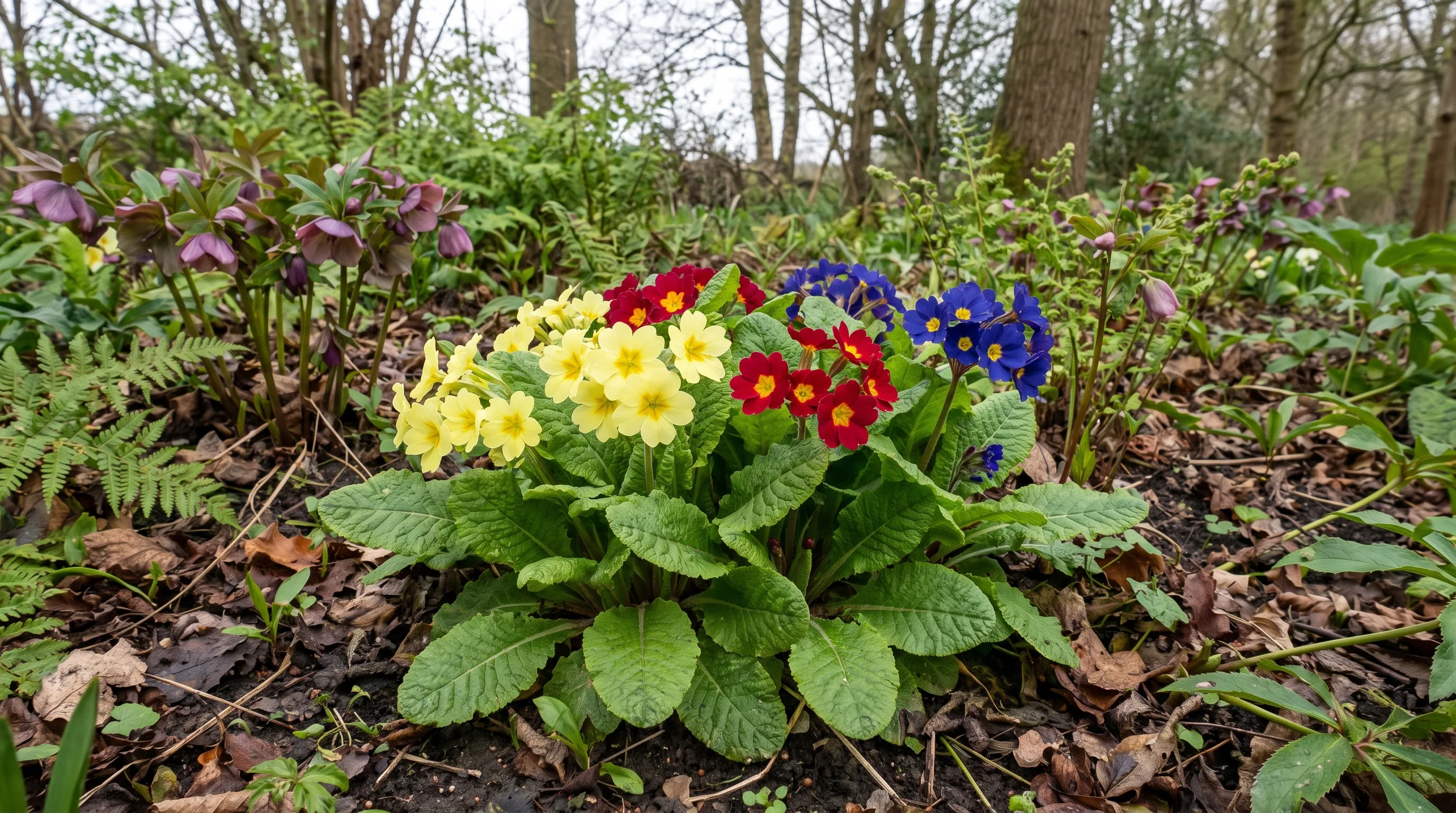 Primula Vulgaris Husky growing in a UK garden setting