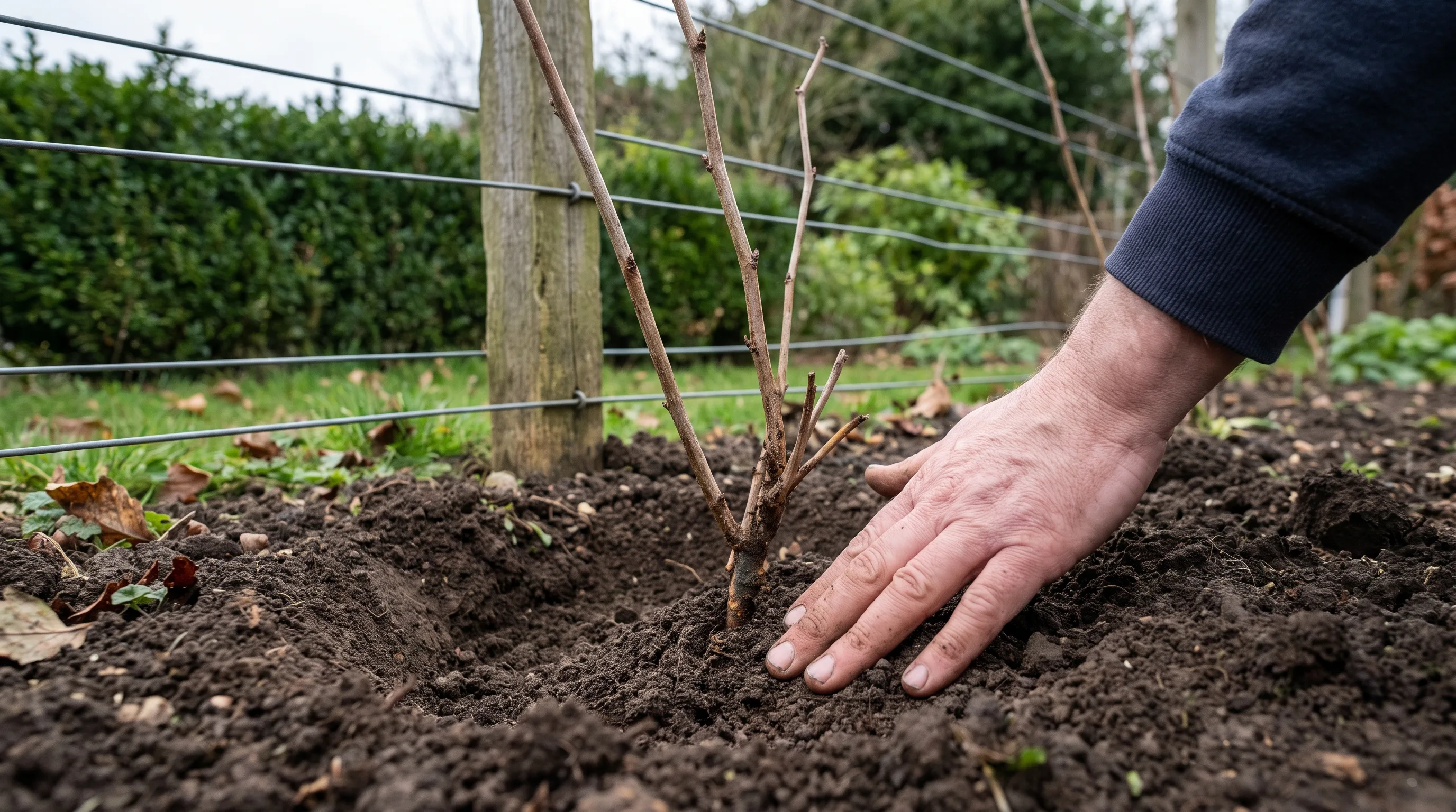 Planting a bare-root raspberry cane with support wires