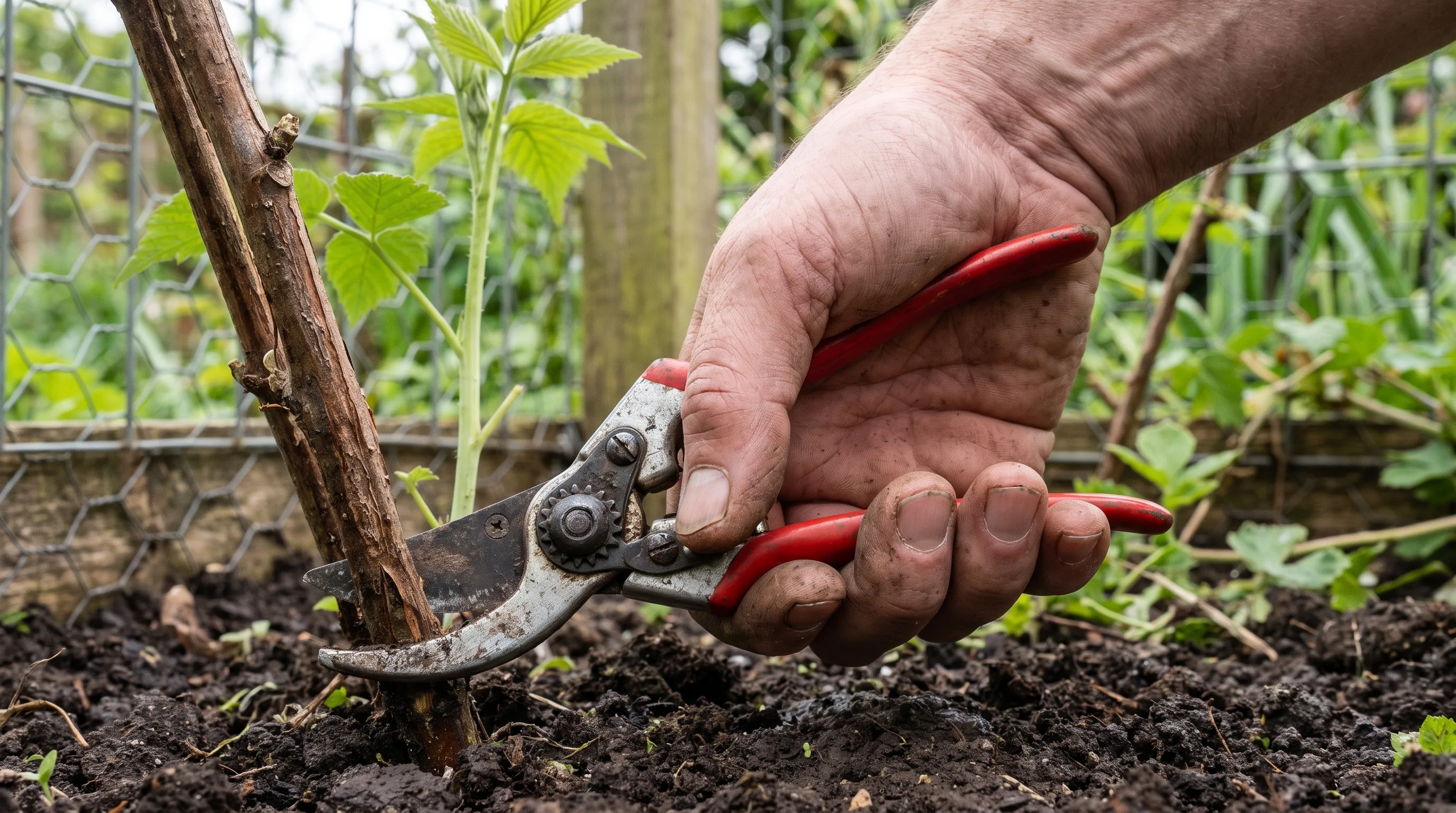 Pruning an old fruited raspberry cane at the base with secateurs